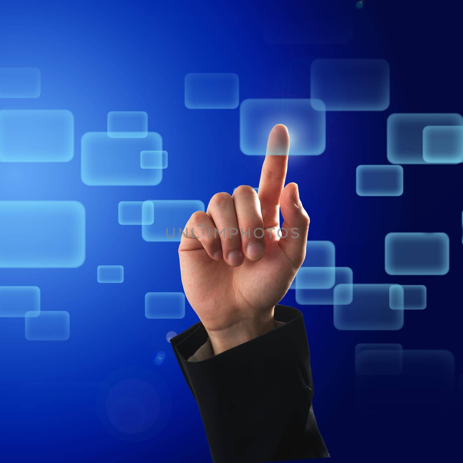 Finger pressing a button on touch screen interface