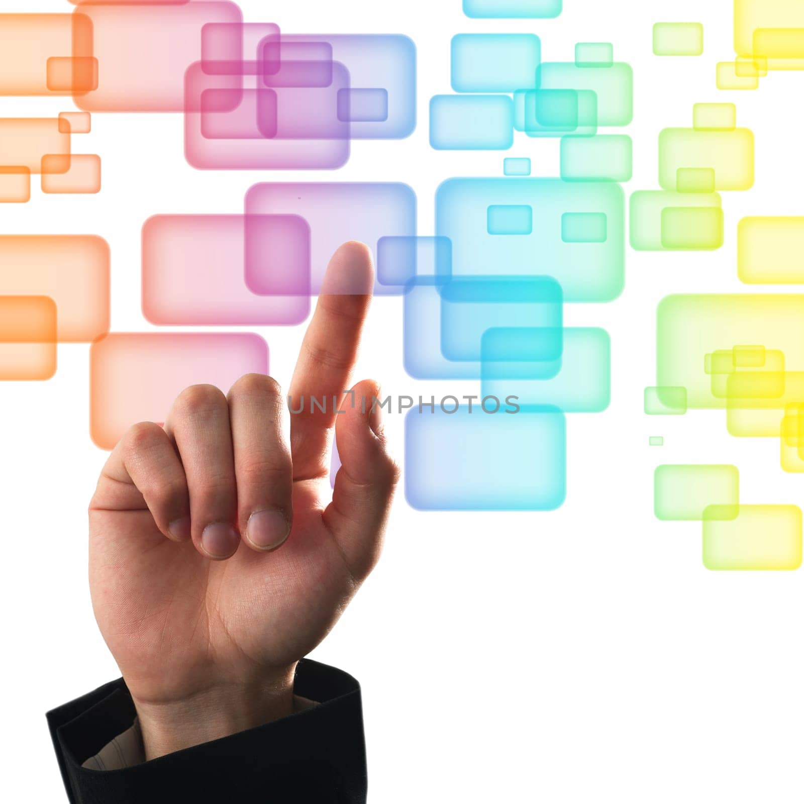 Finger pressing a button on touch screen interface