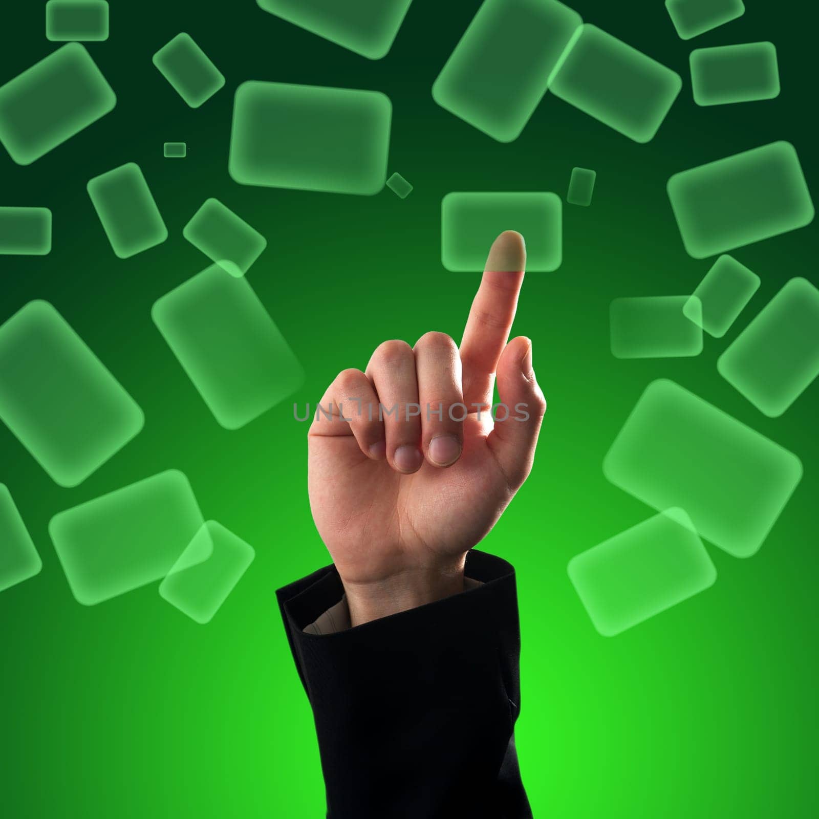 Finger pressing a button on touch screen interface