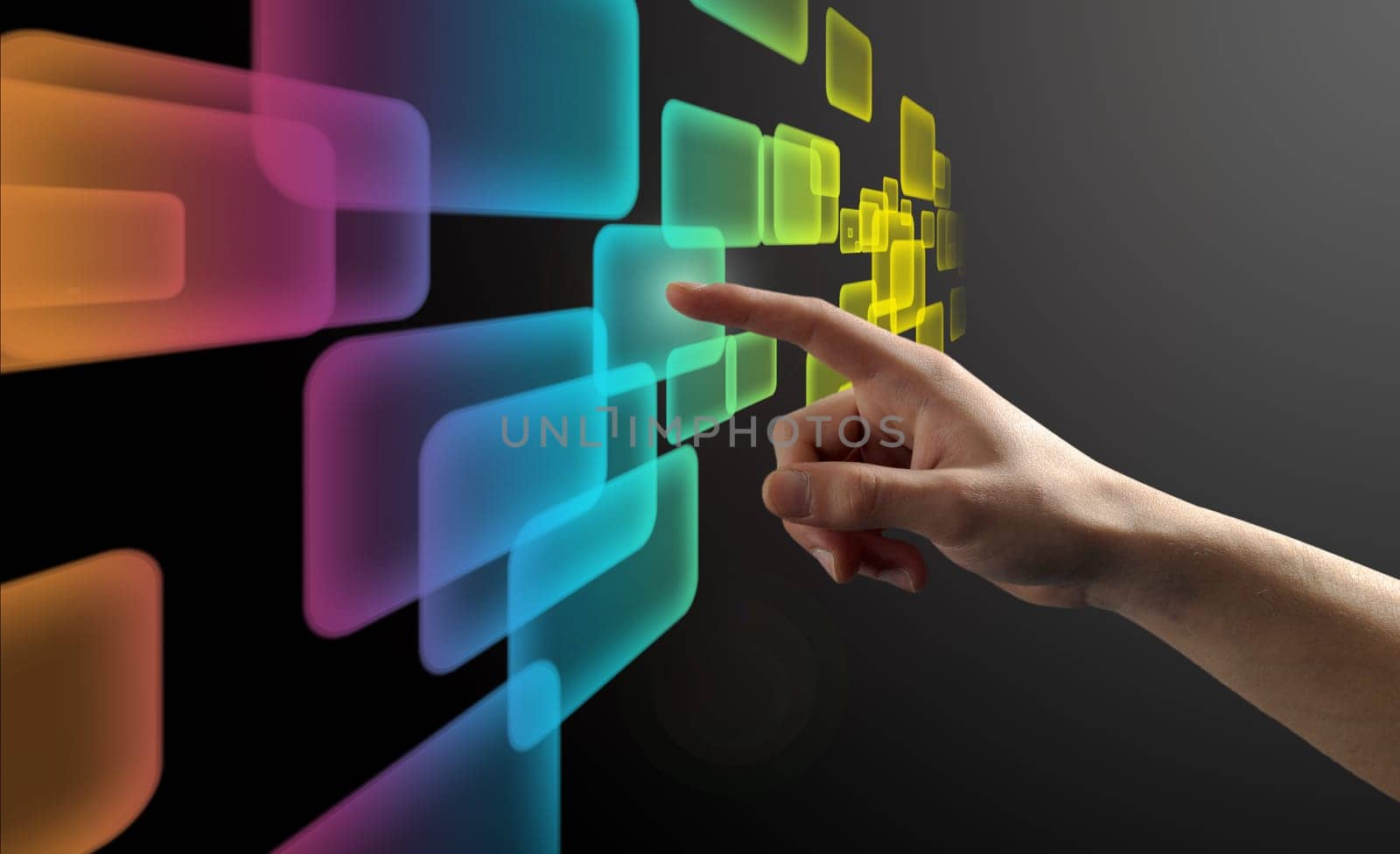 Finger pushing a virtual button on a touch screen interface