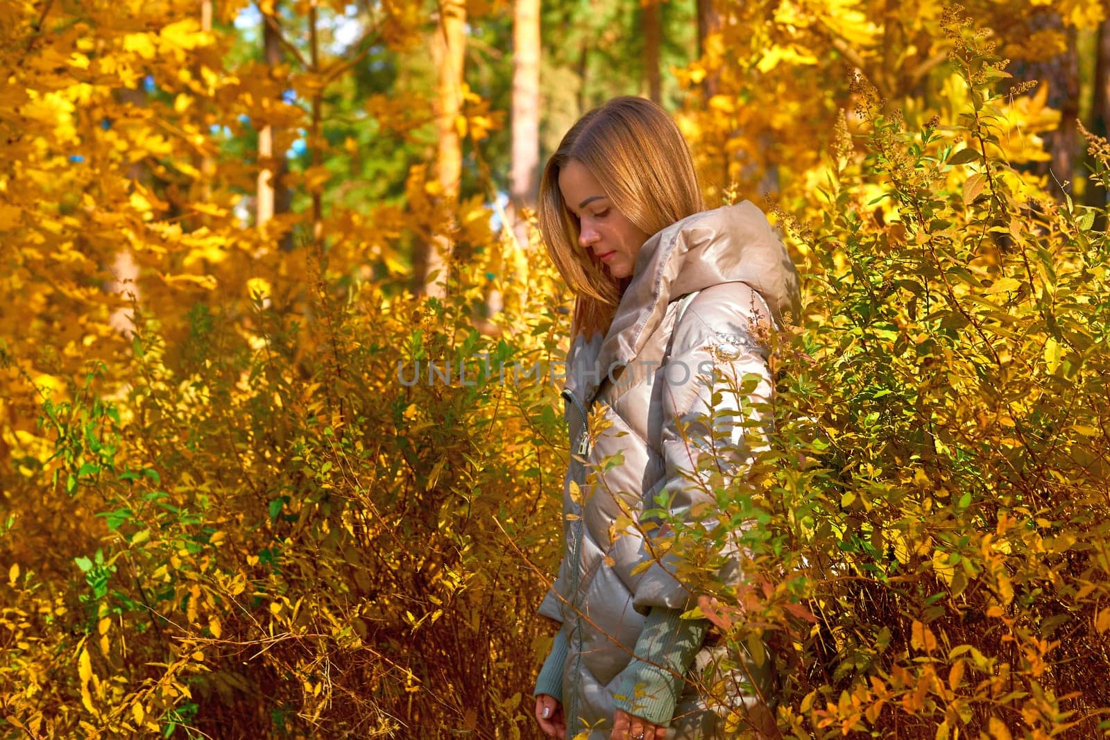 Autumn mood. Cute young woman among orange lush leaves by jovani68