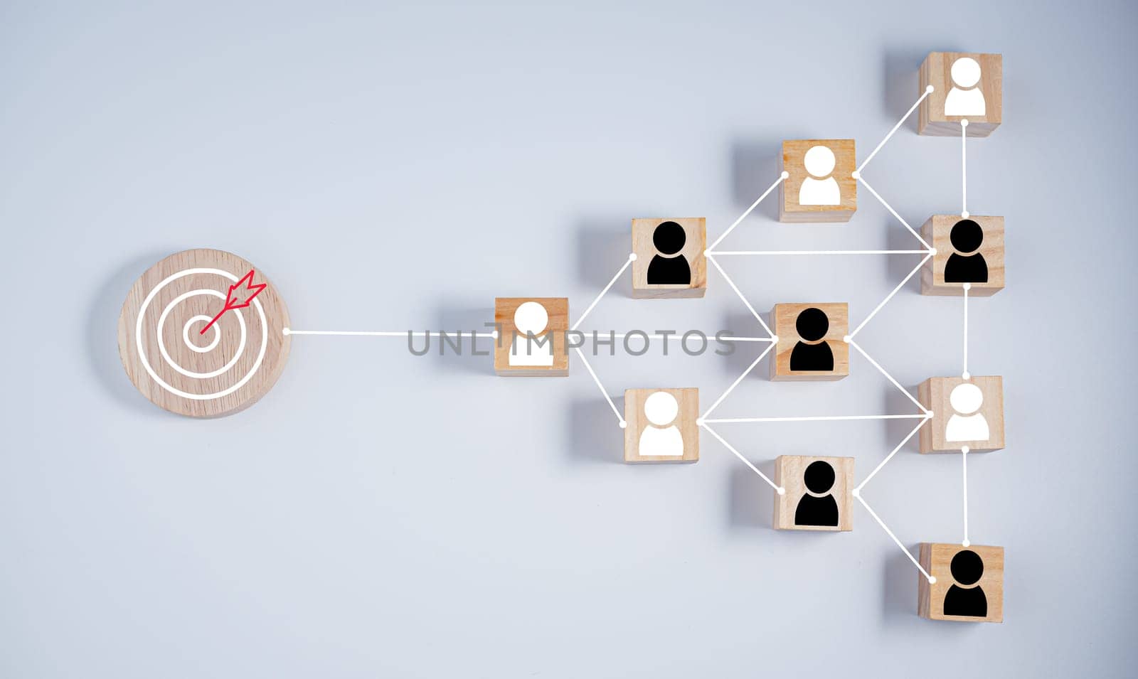 wooden block which prints a target icon connection linkage with human icon on white background. Business goals and objectives concept. business competition. customer focus target group and customer relation management concept.