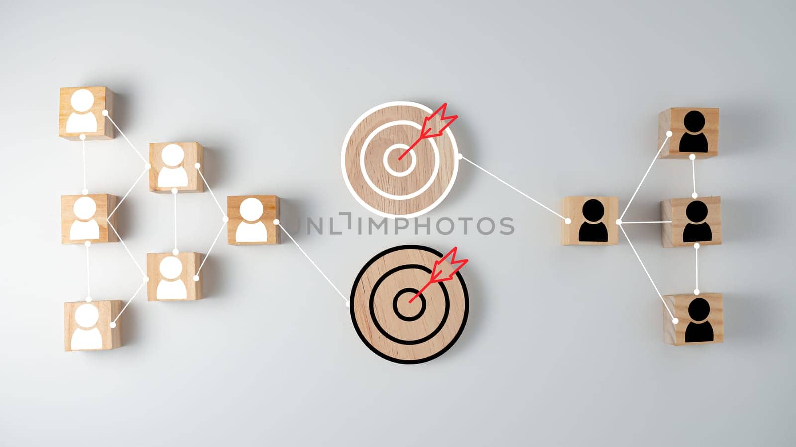 wooden block which prints a target icon connection linkage with human icon on white background. Business goals and objectives concept. business competition. customer focus target group and customer relation management concept. by Unimages2527