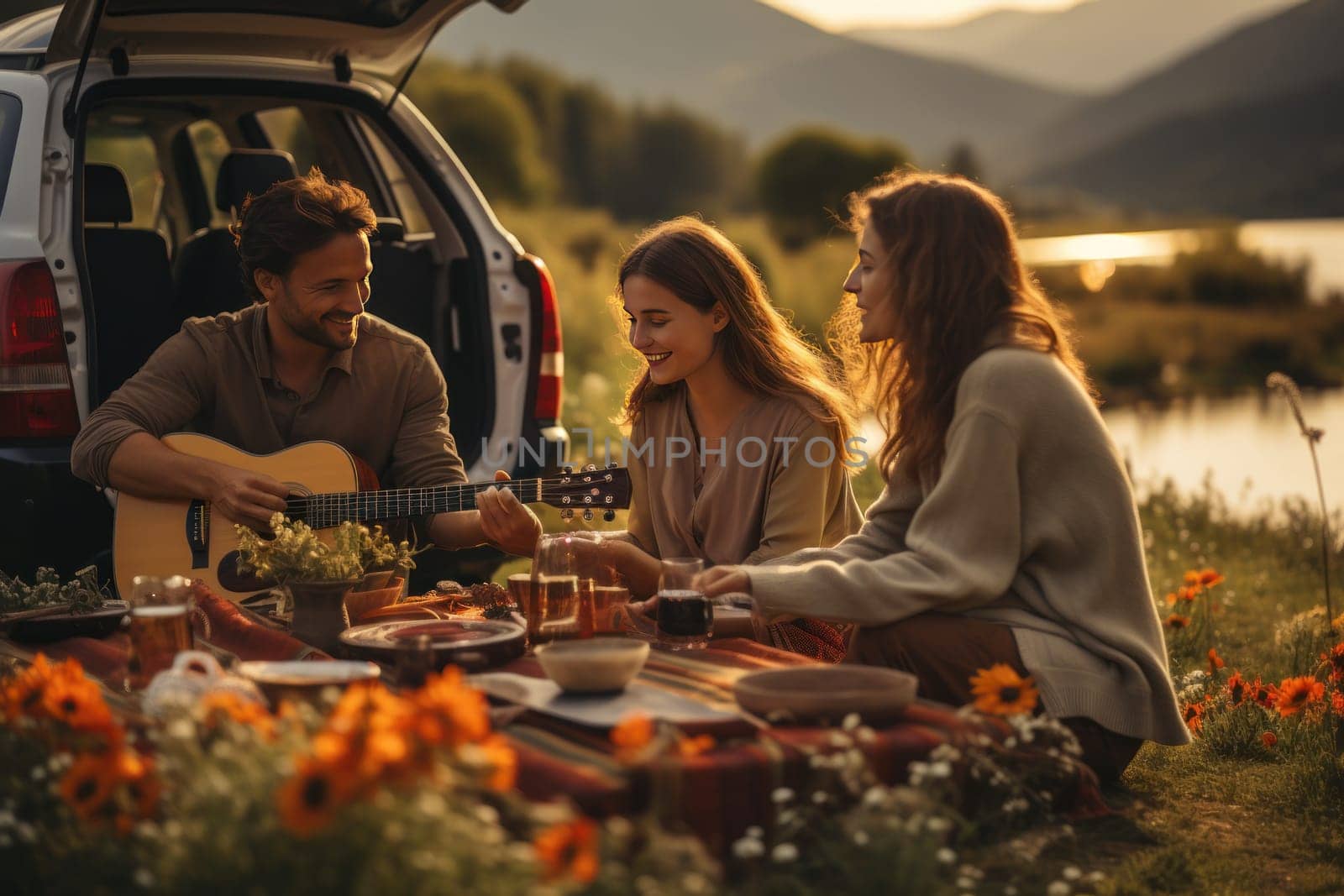 Happy family having fun picnic by scenic lake at sunset. Ai generated.