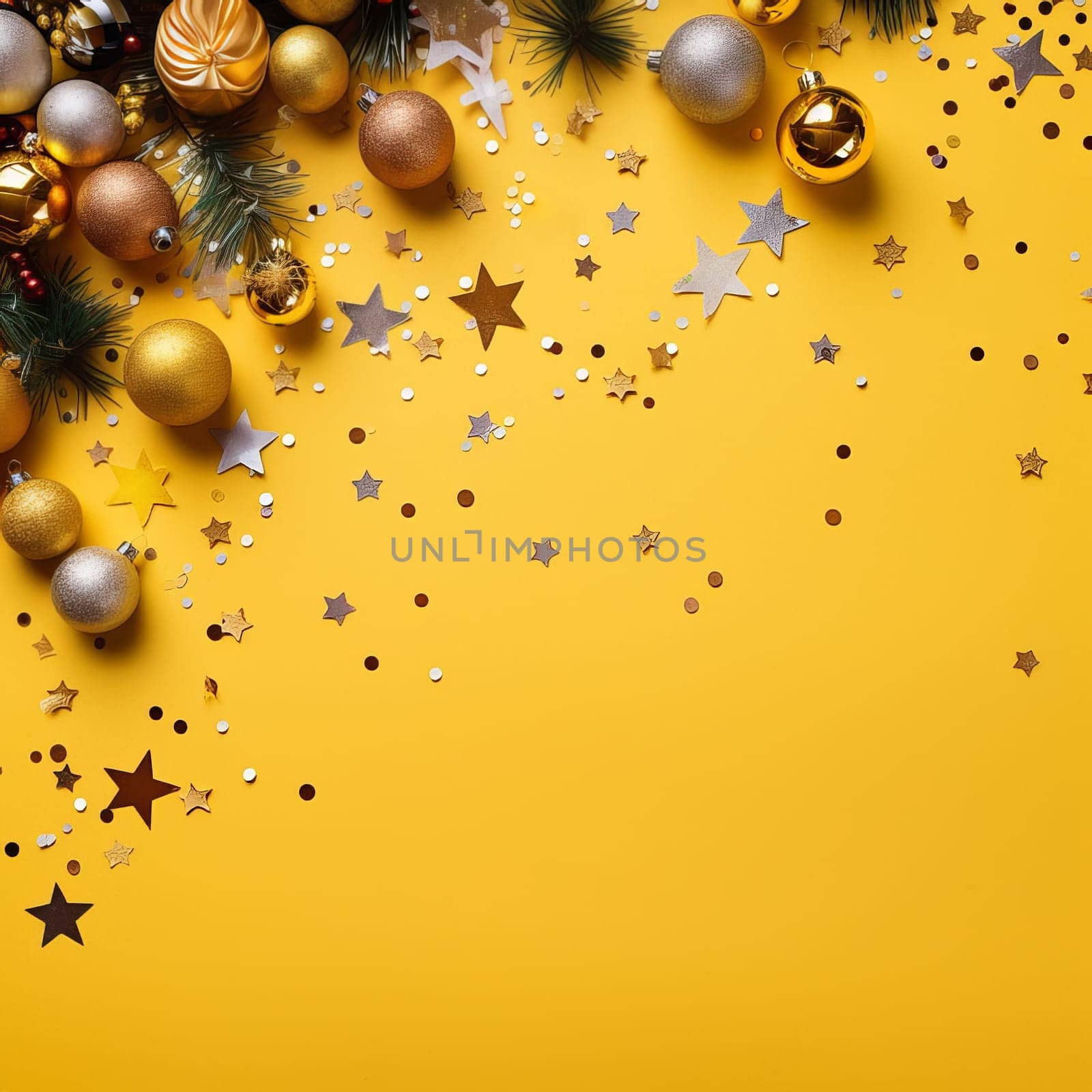 Luxury New Year's balls and toys on a yellow background on Christmas Eve by Alla_Yurtayeva