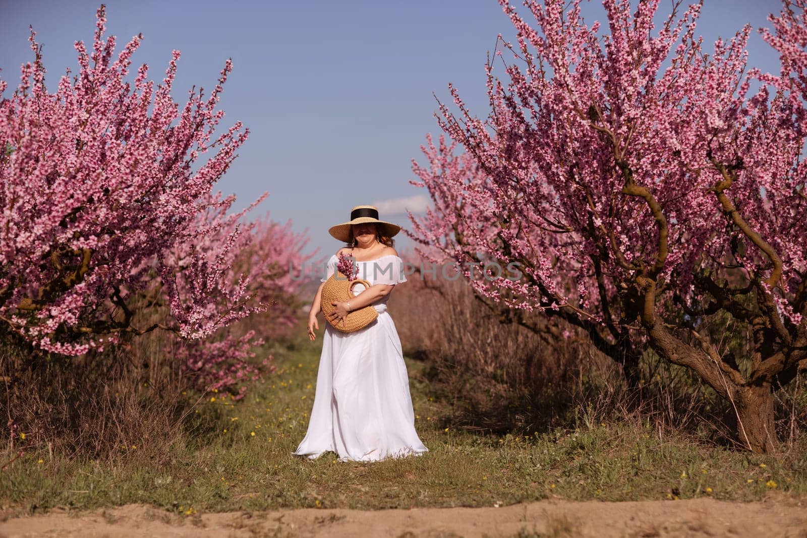 Woman blooming peach orchard. Against the backdrop of a picturesque peach orchard, a woman in a long white dress and hat enjoys a peaceful walk in the park, surrounded by the beauty of nature