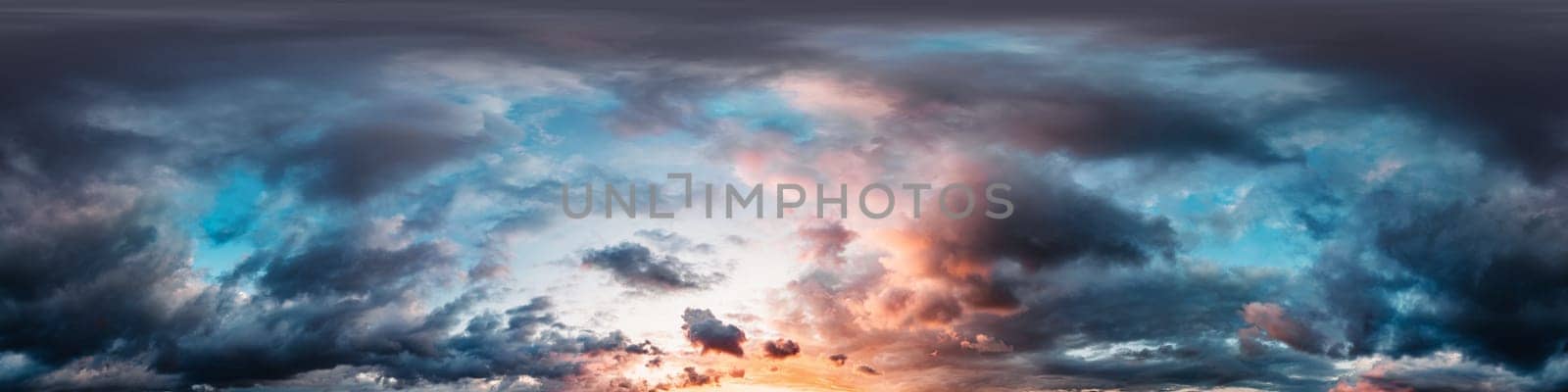 Dramatic sunset sky panorama with bright glowing red pink Cumulus clouds. HDR 360 seamless spherical panorama. Sky dome in 3D, sky replacement for aerial drone panoramas. Weather and climate change. by Matiunina