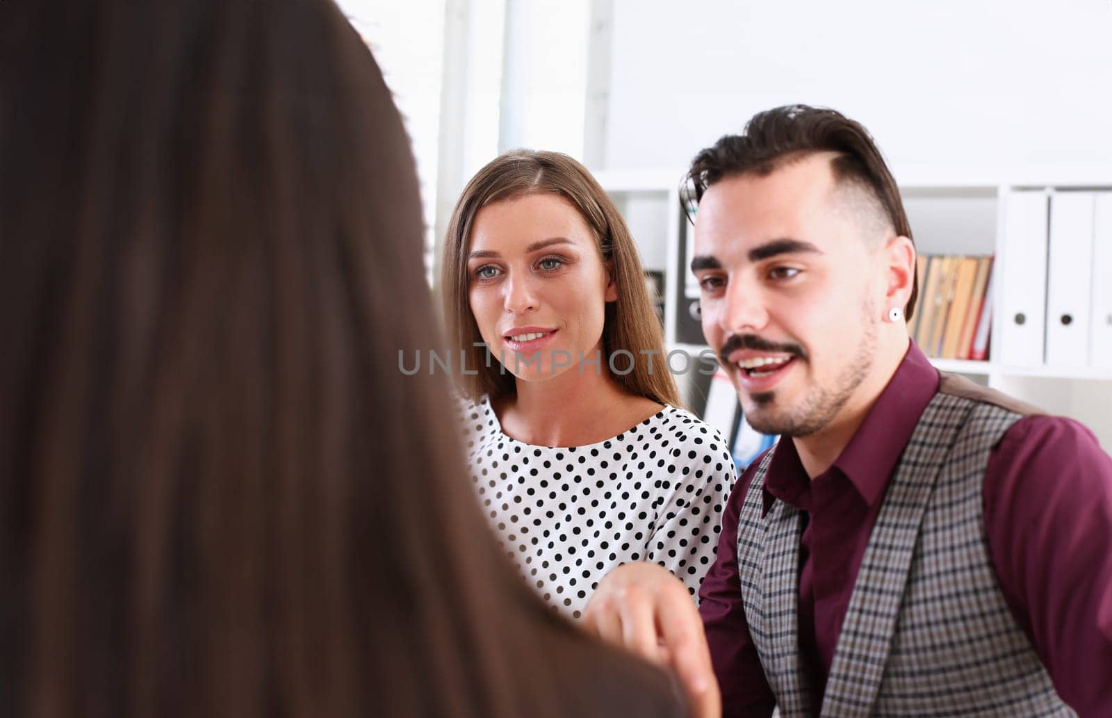 Group of people sit in office deliberate on problem portrait. White collar talk and listen idea discuss profit review sale market debate train lawyer document study finance adviser job concept