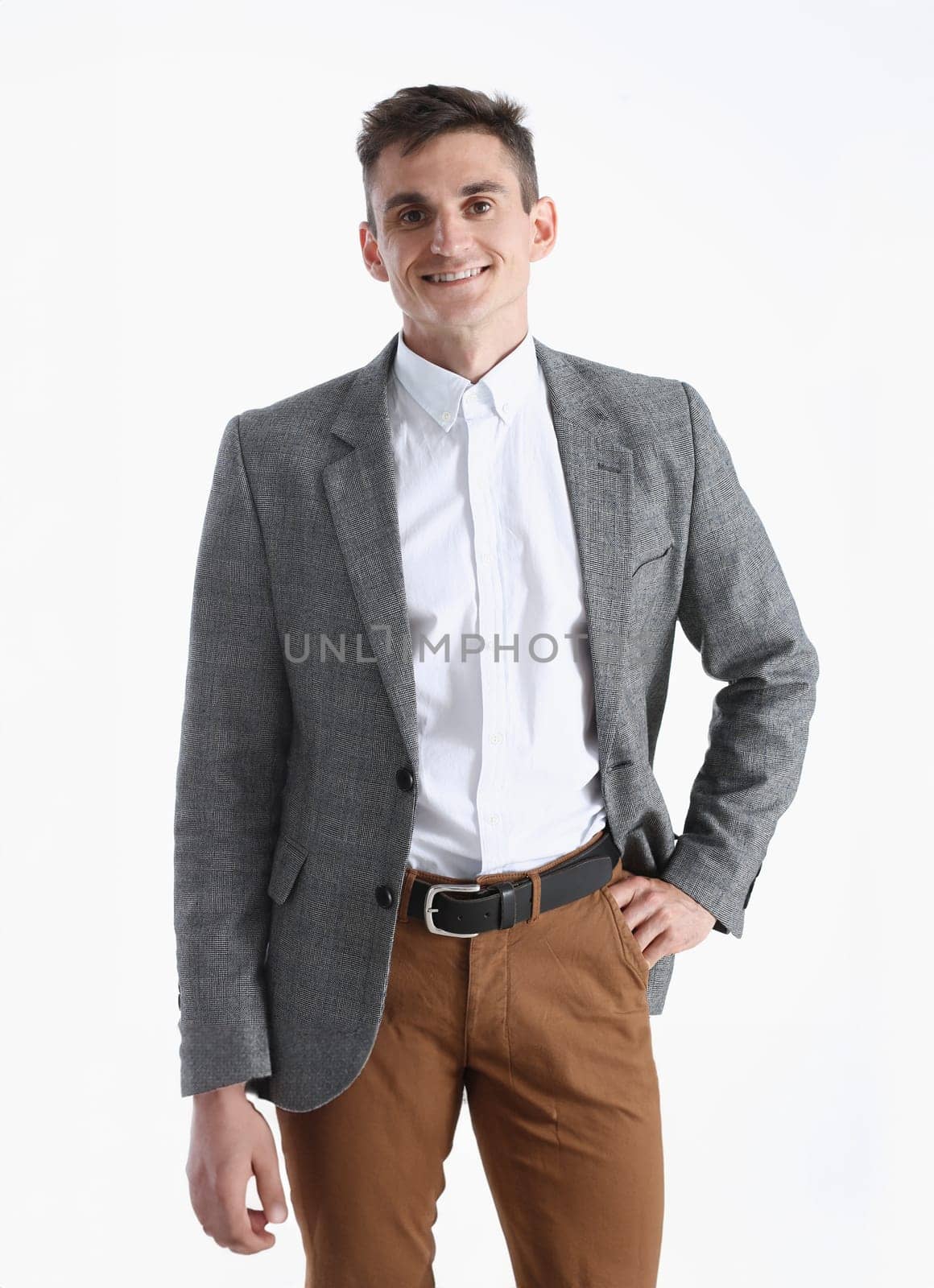 Handsome smiling man in suit and tie looking in camera portrait isolated background. White collar dress code modern office lifestyle graduate college study profession idea coach training concept
