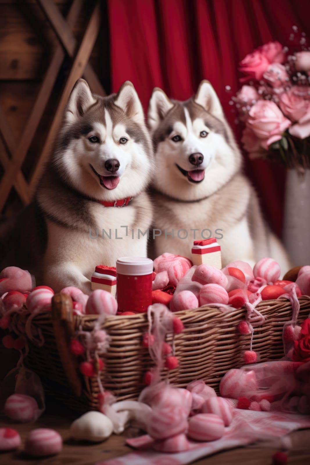 Valentine day celebration. two sweet puppies with flowers and hearts. AI Generated