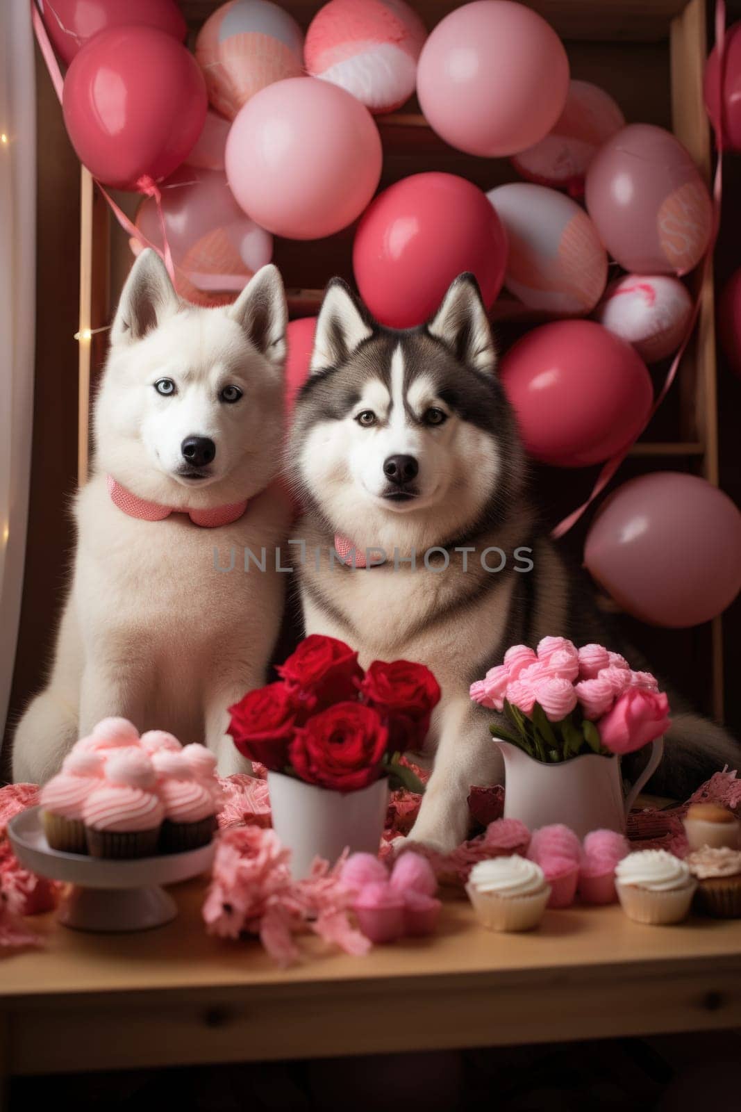 two sweet husky puppies with flowers and hearts. AI Generated by Desperada
