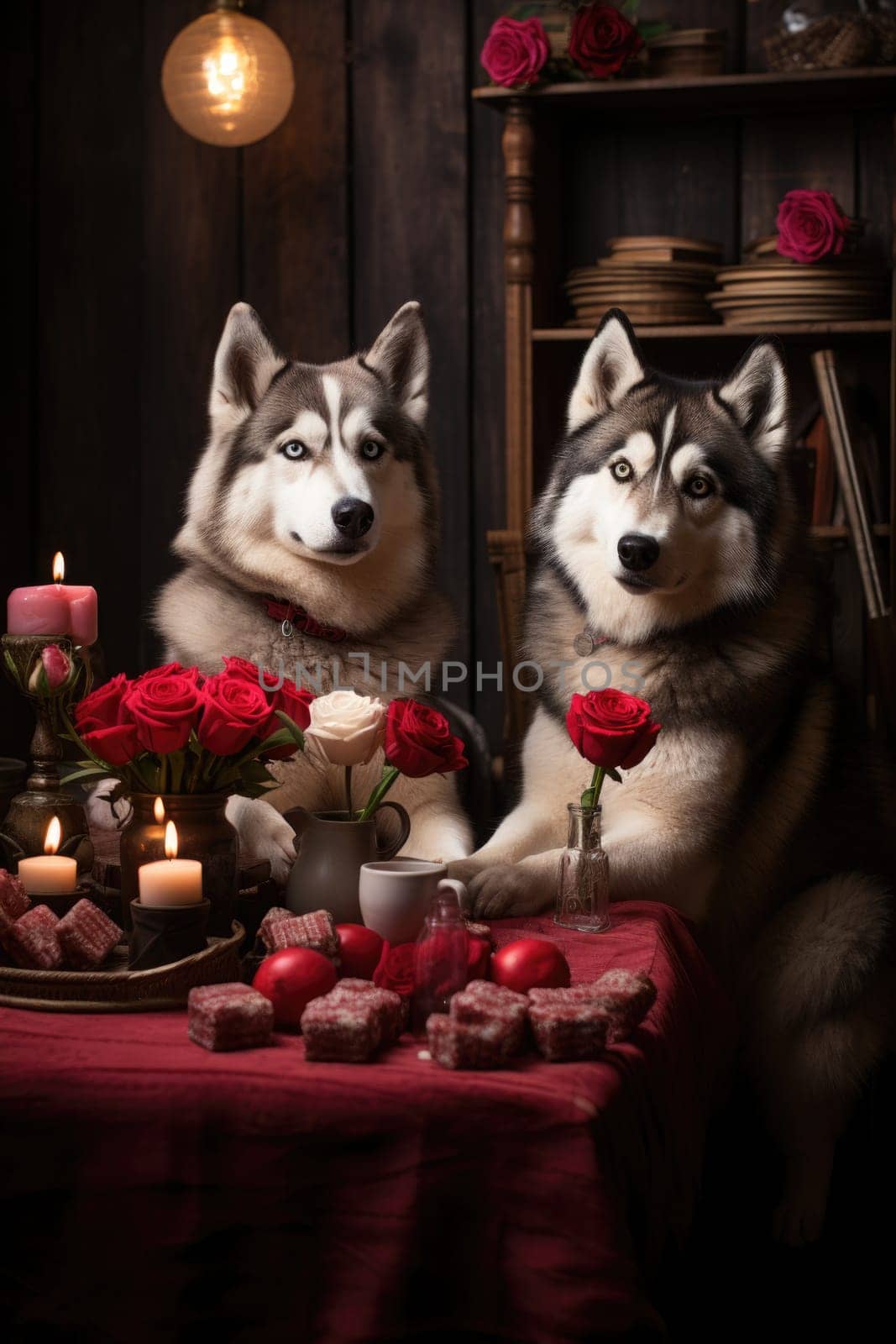 Valentine day celebration. two sweet puppies with flowers and hearts. AI Generated