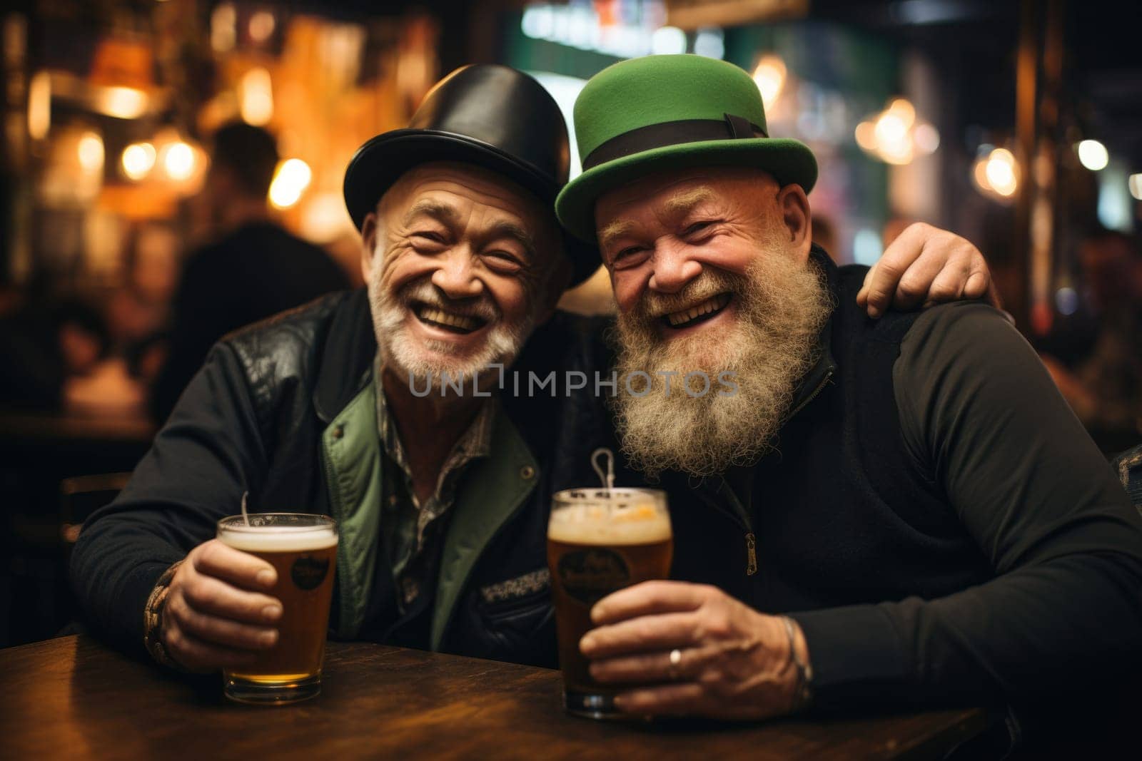 people dressed in green with beer celebrating Oktoberfest on bar background. AI Generated