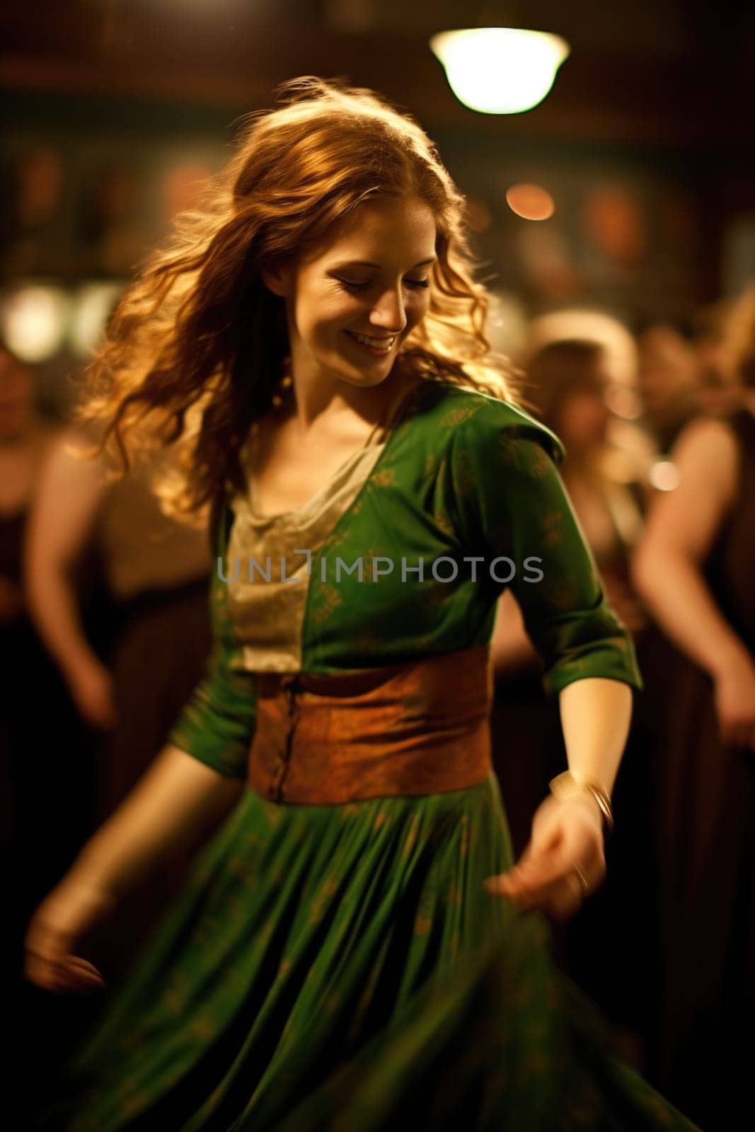 Beautiful woman wearing green dress dancing in the street. Carnival. AI Generated