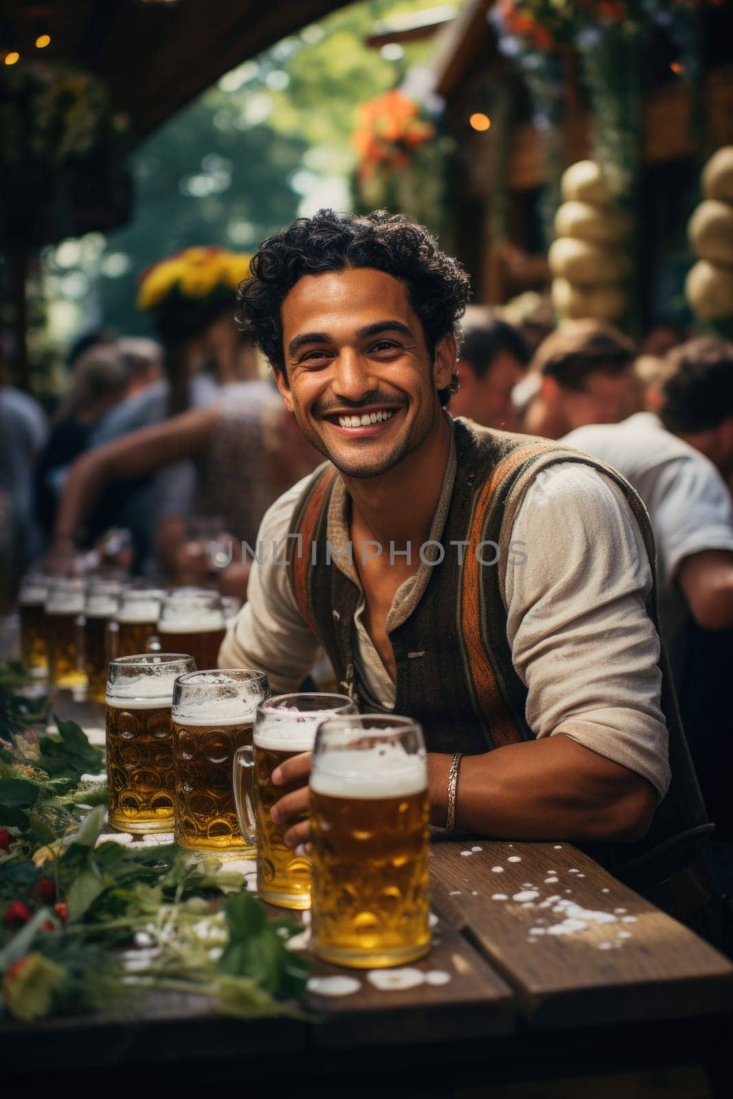 man drinking beer celebrating Oktoberfest on bar background. AI Generated