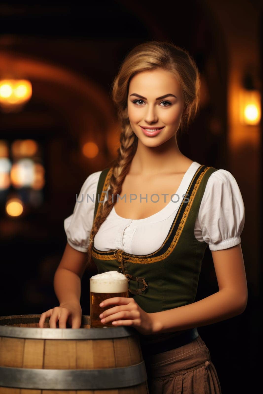 Beautiful Octoberfest waitress with beer and barrel on bar background. AI Generated