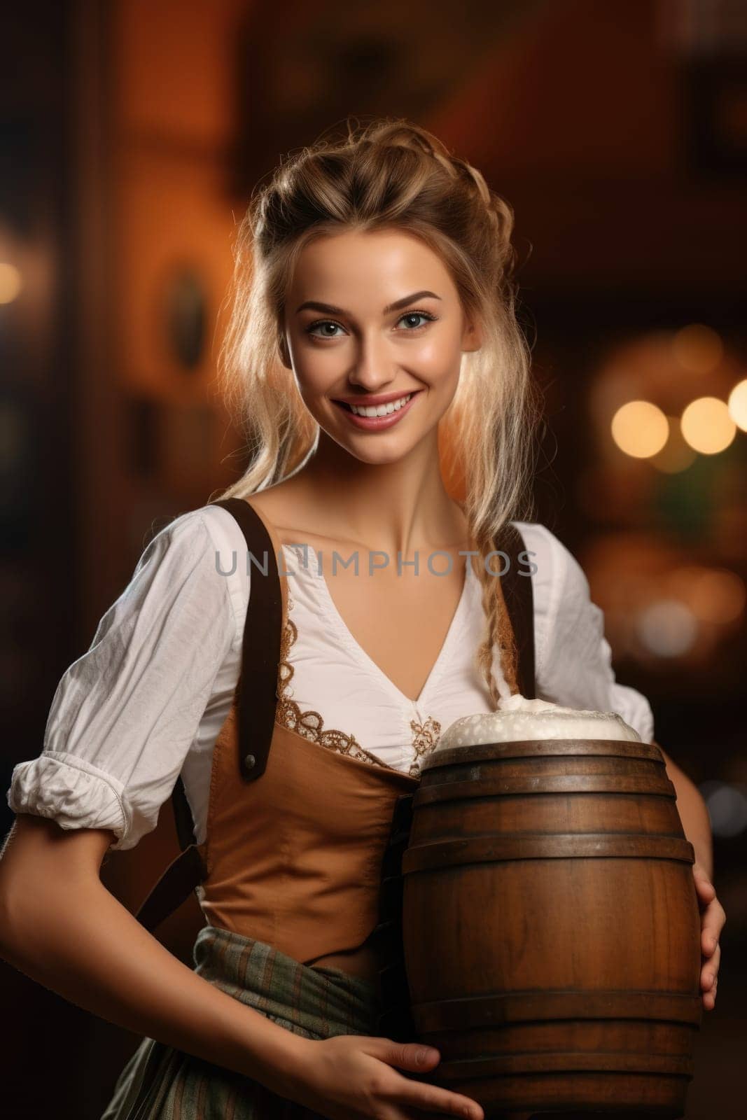 Beautiful Octoberfest waitress with beer and barrel on bar background. AI Generated