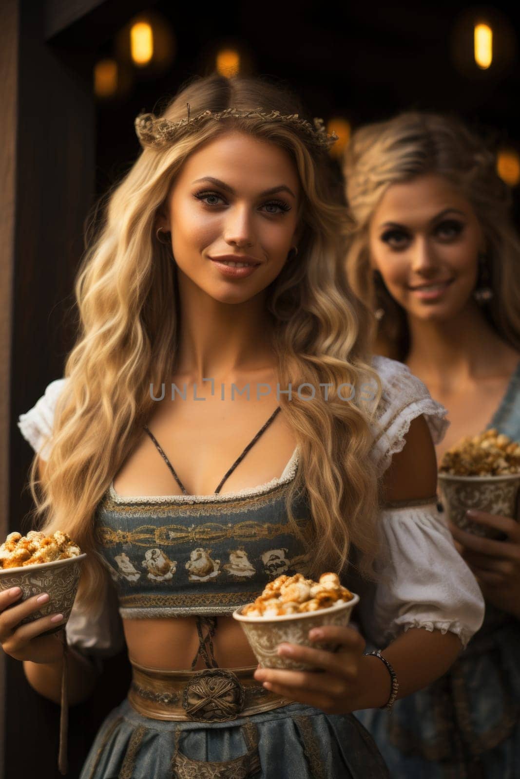 Beautiful Octoberfest waitress with beer and barrel on bar background. AI Generated