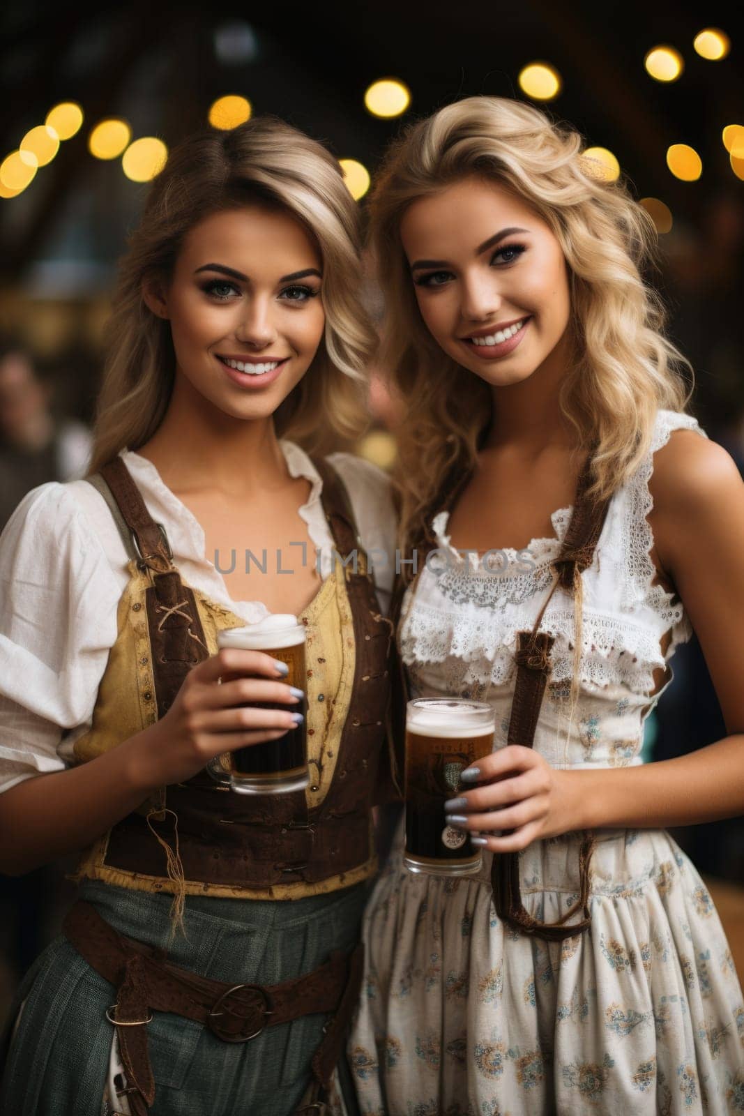 Beautiful Octoberfest waitress with beer and barrel on bar background. AI Generated