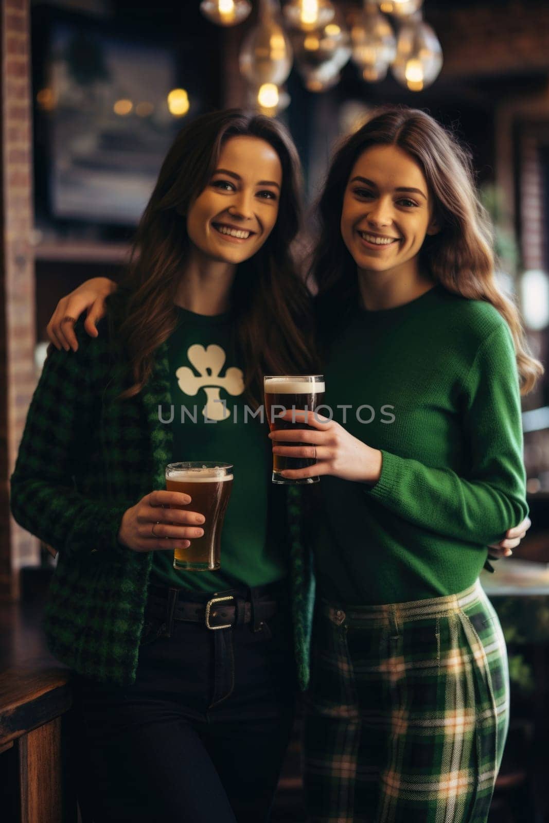 women dressed in green with beer celebrating Oktoberfest or st Patrick dat on bar background. AI Generated