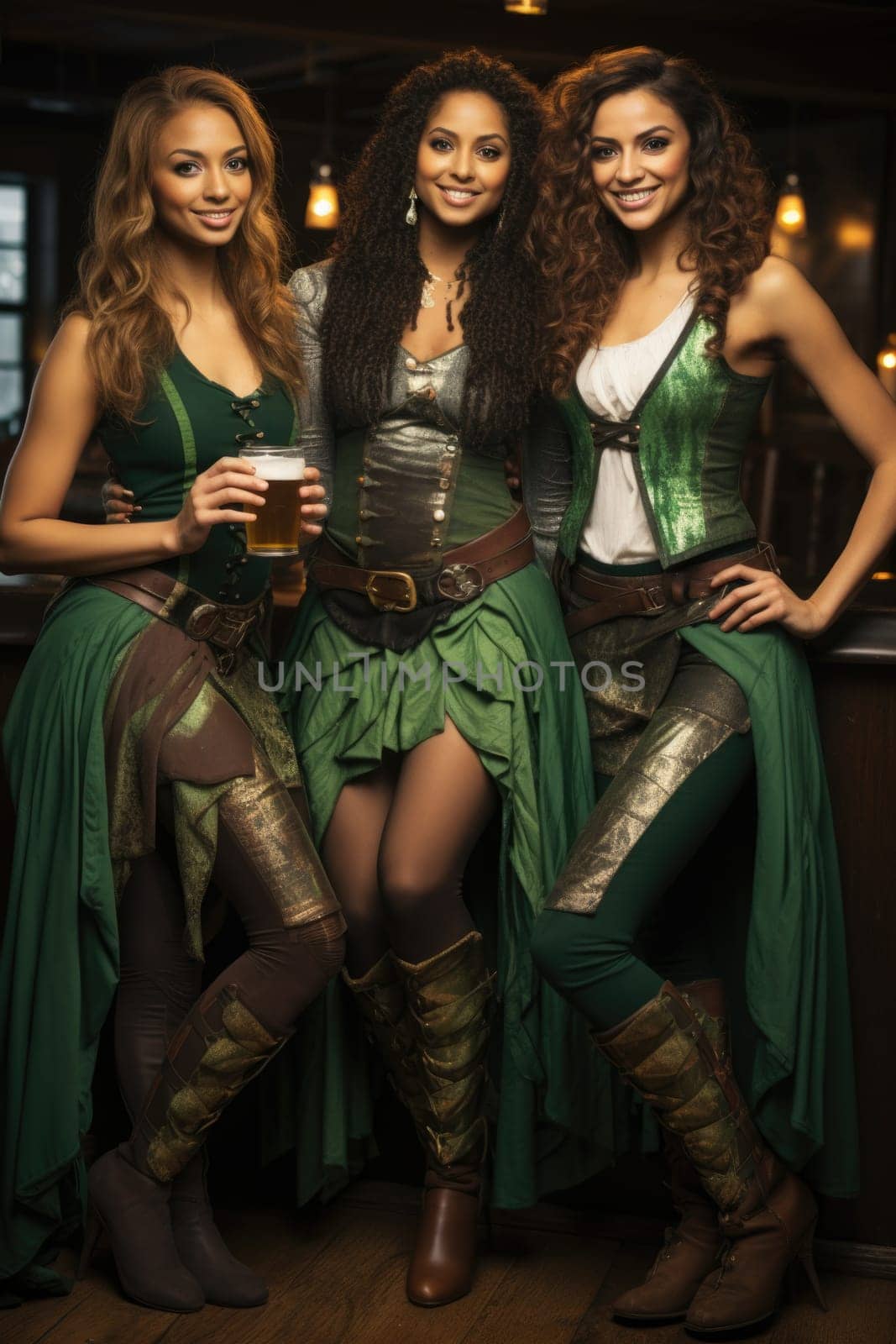 women dressed in green with beer celebrating Oktoberfest or st Patrick dat on bar background. AI Generated