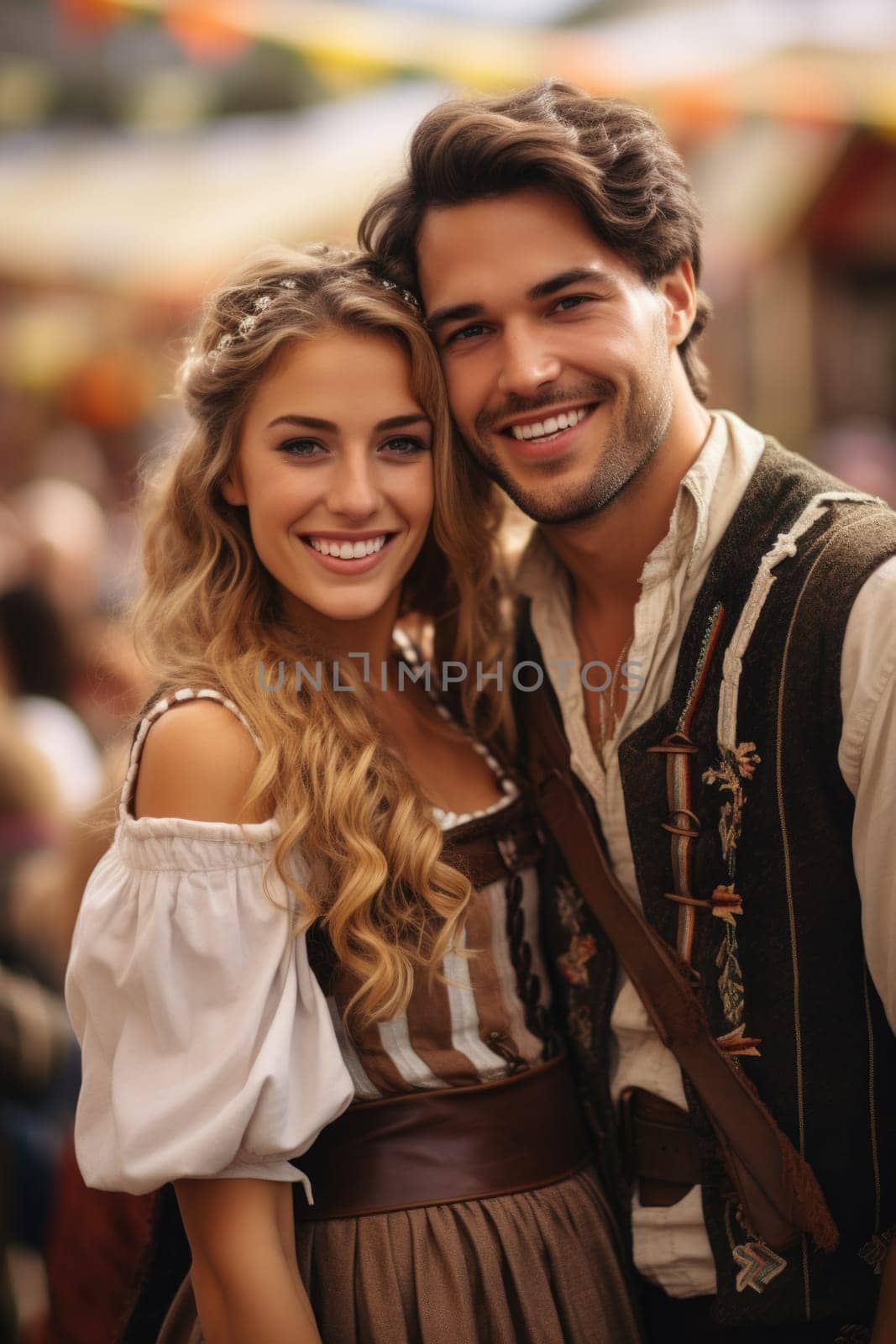 couple with beer celebrating Oktoberfest on bar background. AI Generated