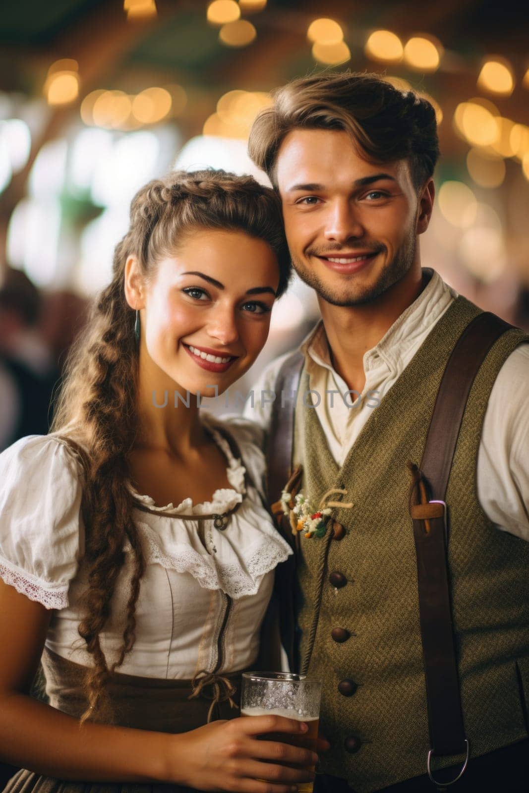 couple with beer celebrating Oktoberfest on bar background. AI Generated