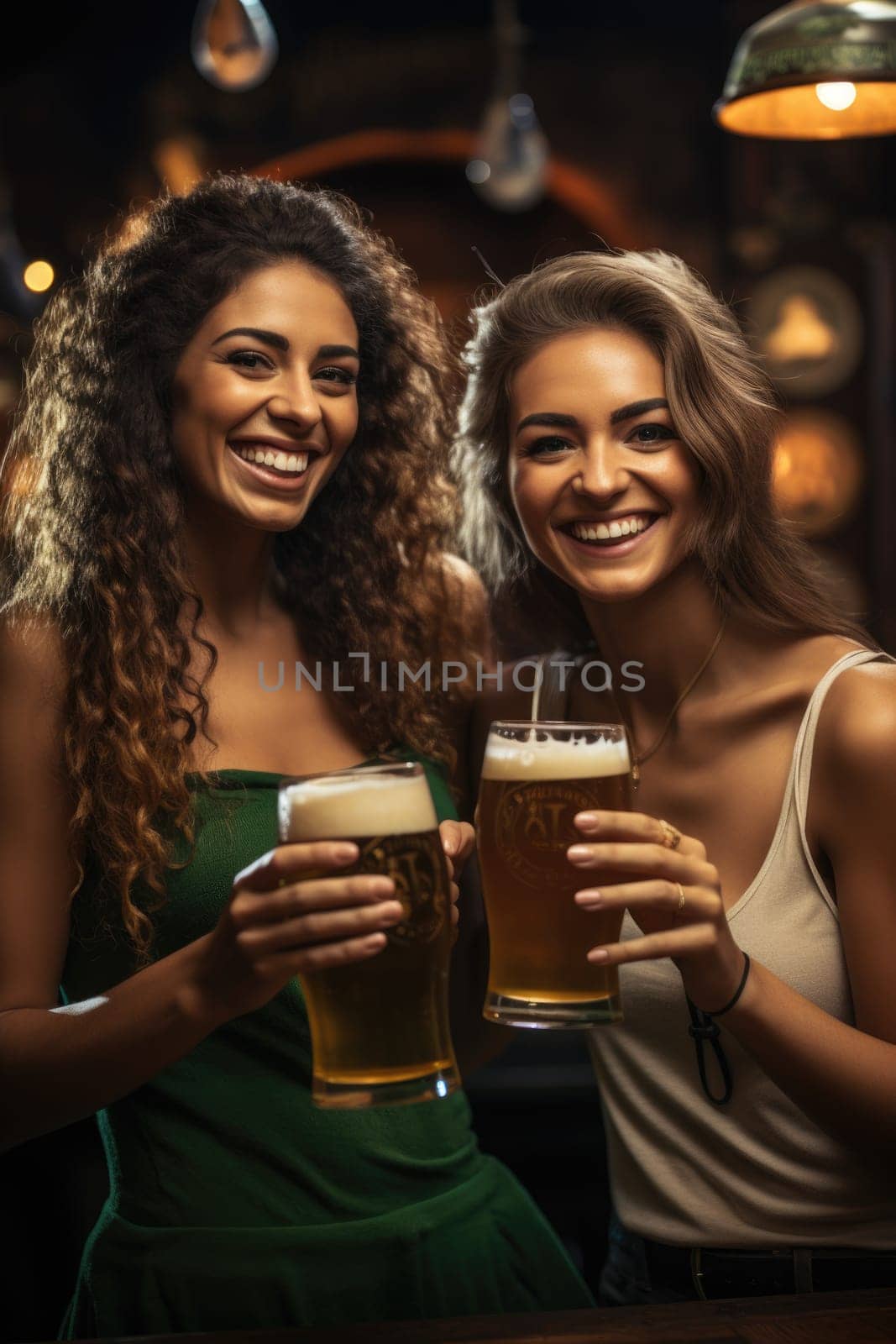 women dressed in green with beer celebrating Oktoberfest on bar background. AI Generated