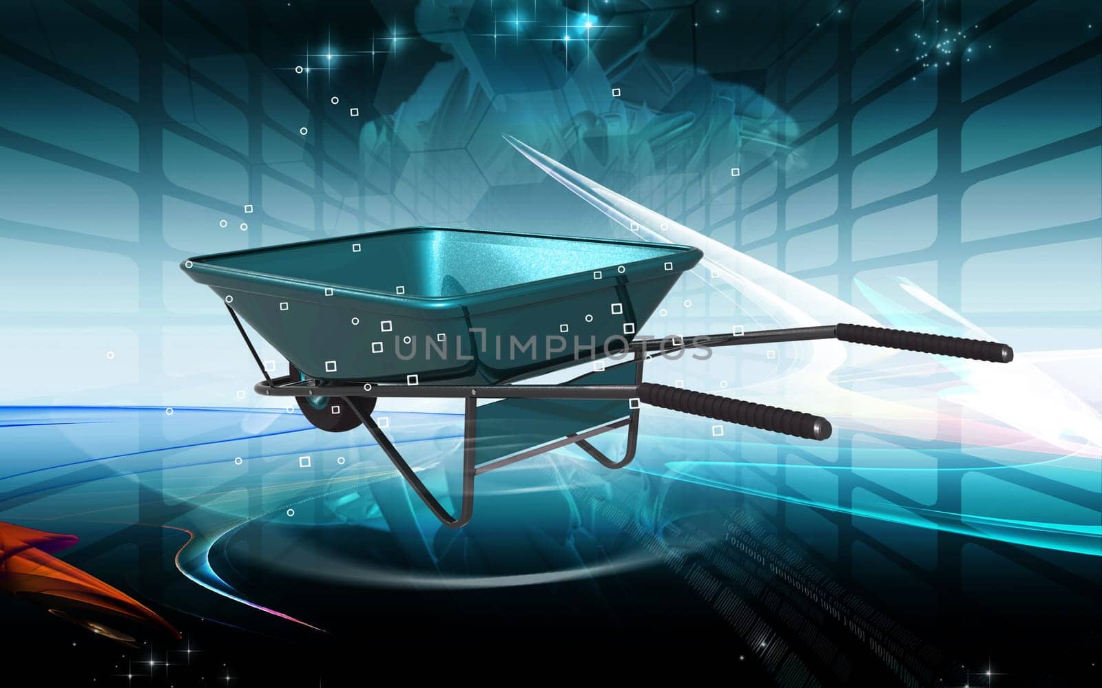 Digital illustration of metal tray wheel barrow in colour background