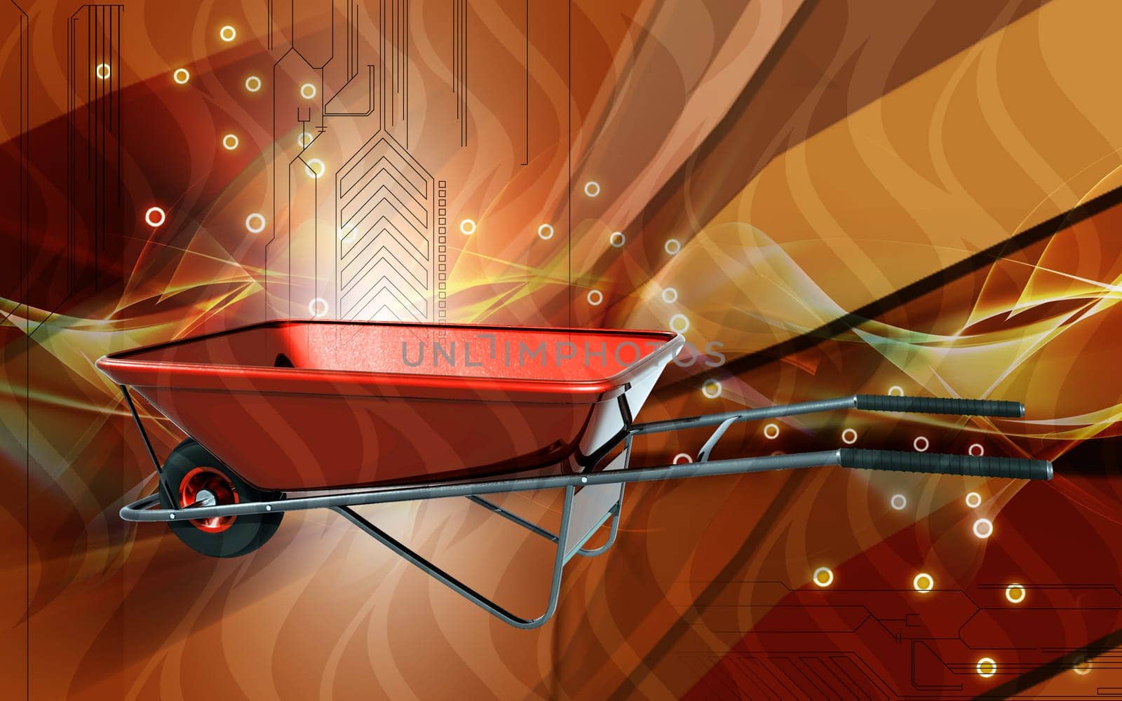 Digital illustration of metal tray wheel barrow in colour background