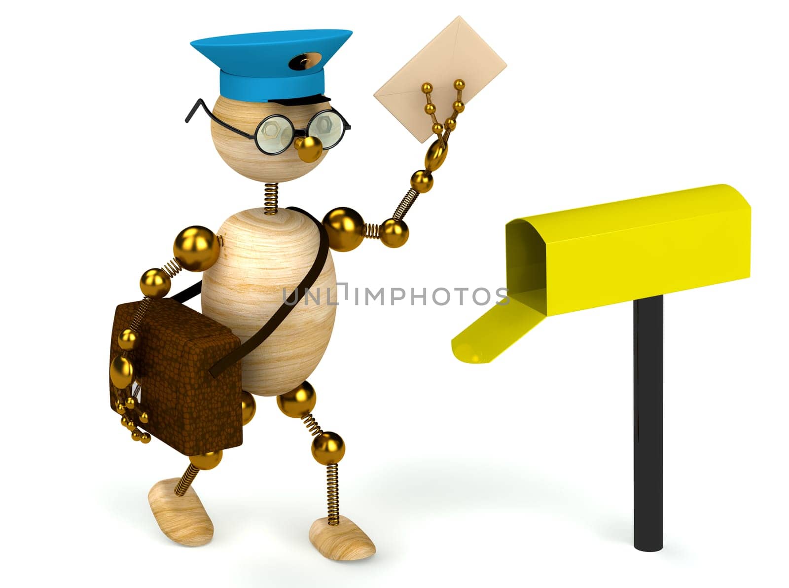 3d wood man postman  bring a letter isolated