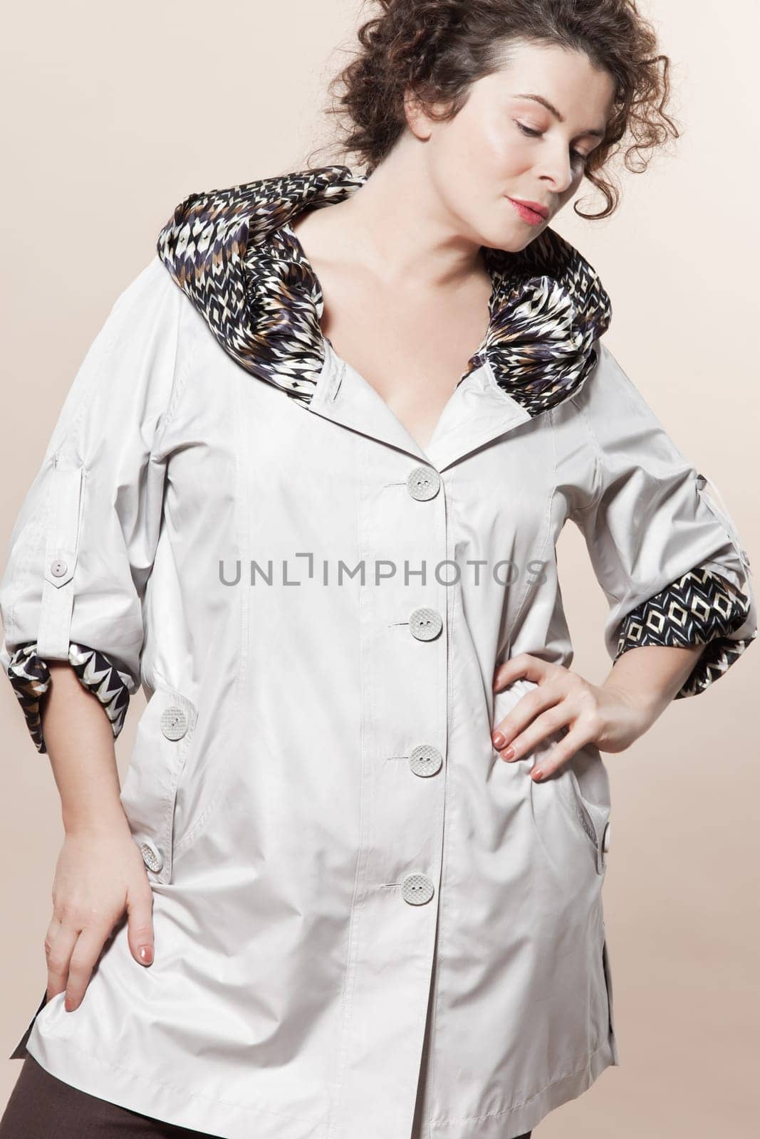 large build caucasian woman spring summer fashion models clothes clothings on studio isolated plain background