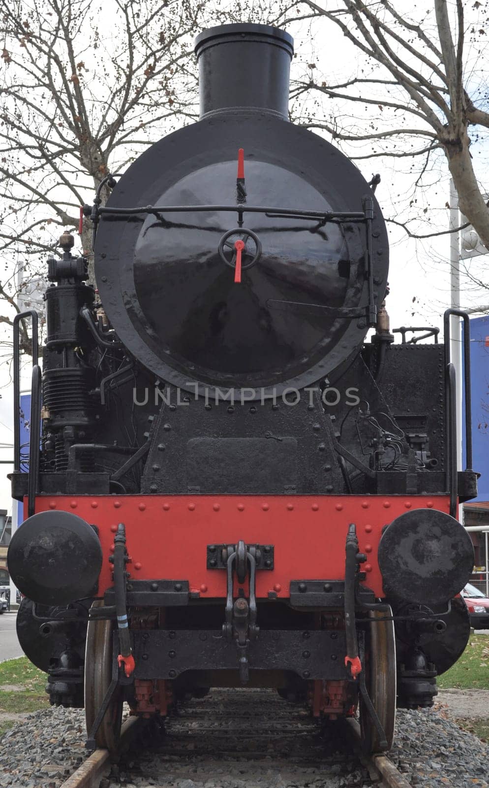 Detail of ancient steam train locomotive vehicle