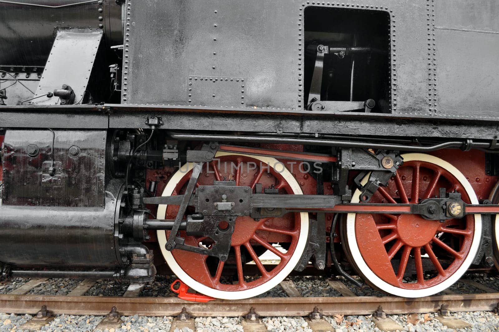 Detail of ancient steam train locomotive vehicle
