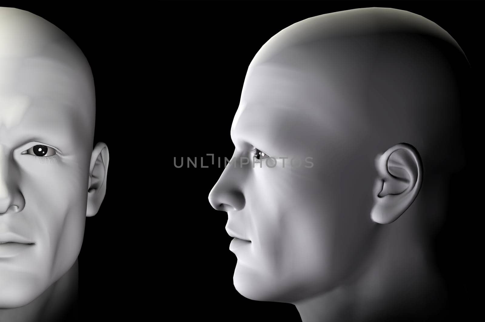 Male figure profile and portrait on black background. Digitally created 3d illustration.