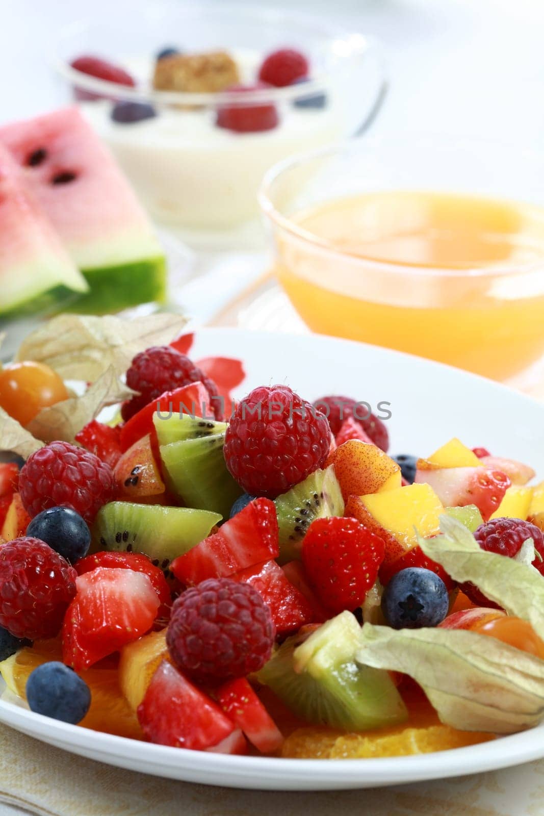 Delicious fresh  fruit salad served in bowl as dessert