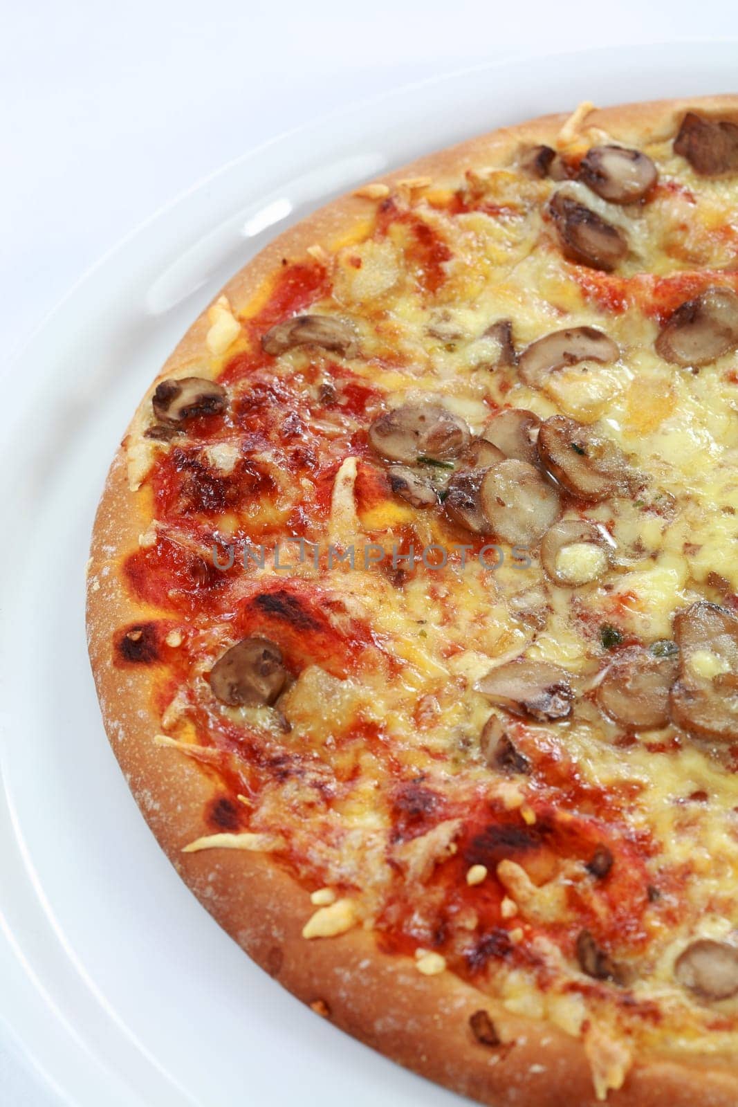 Pepperoni pizza with mushrooms on white plate