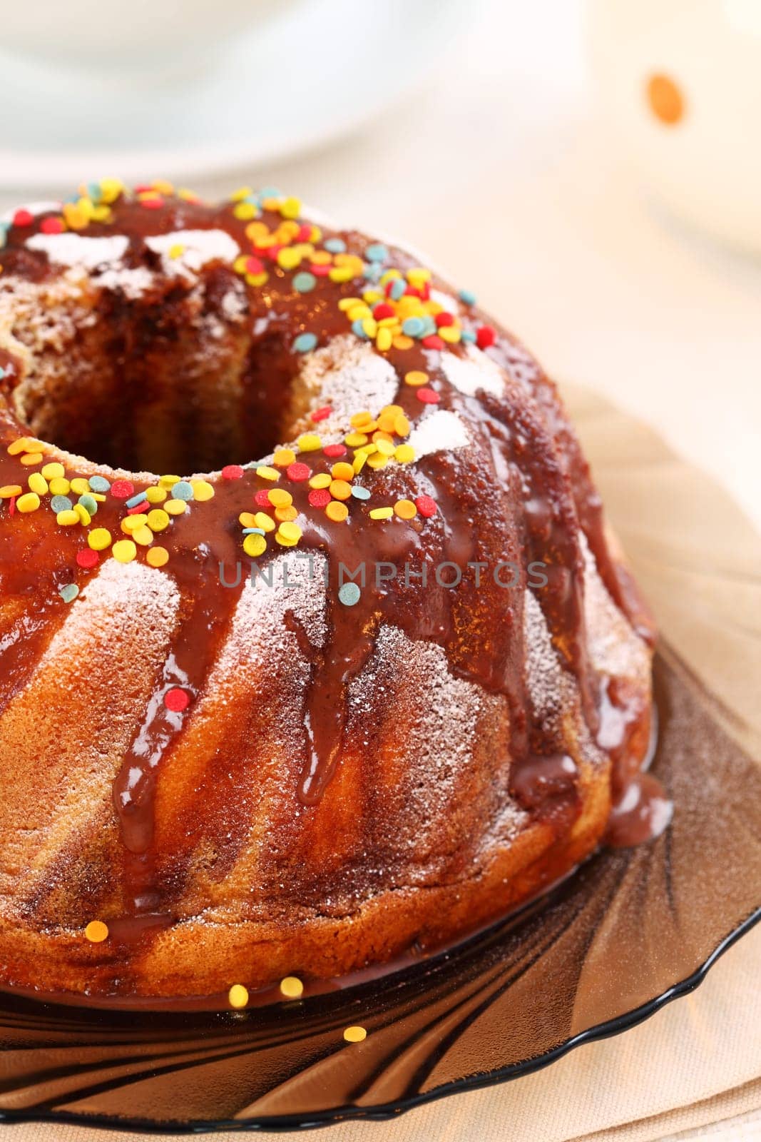 Delicious ring cake garnished with hot chocolate