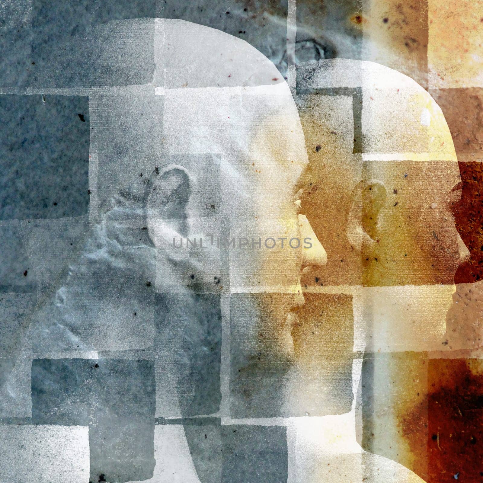 Faded picture of human figures illustration on stained vintage photo paper.