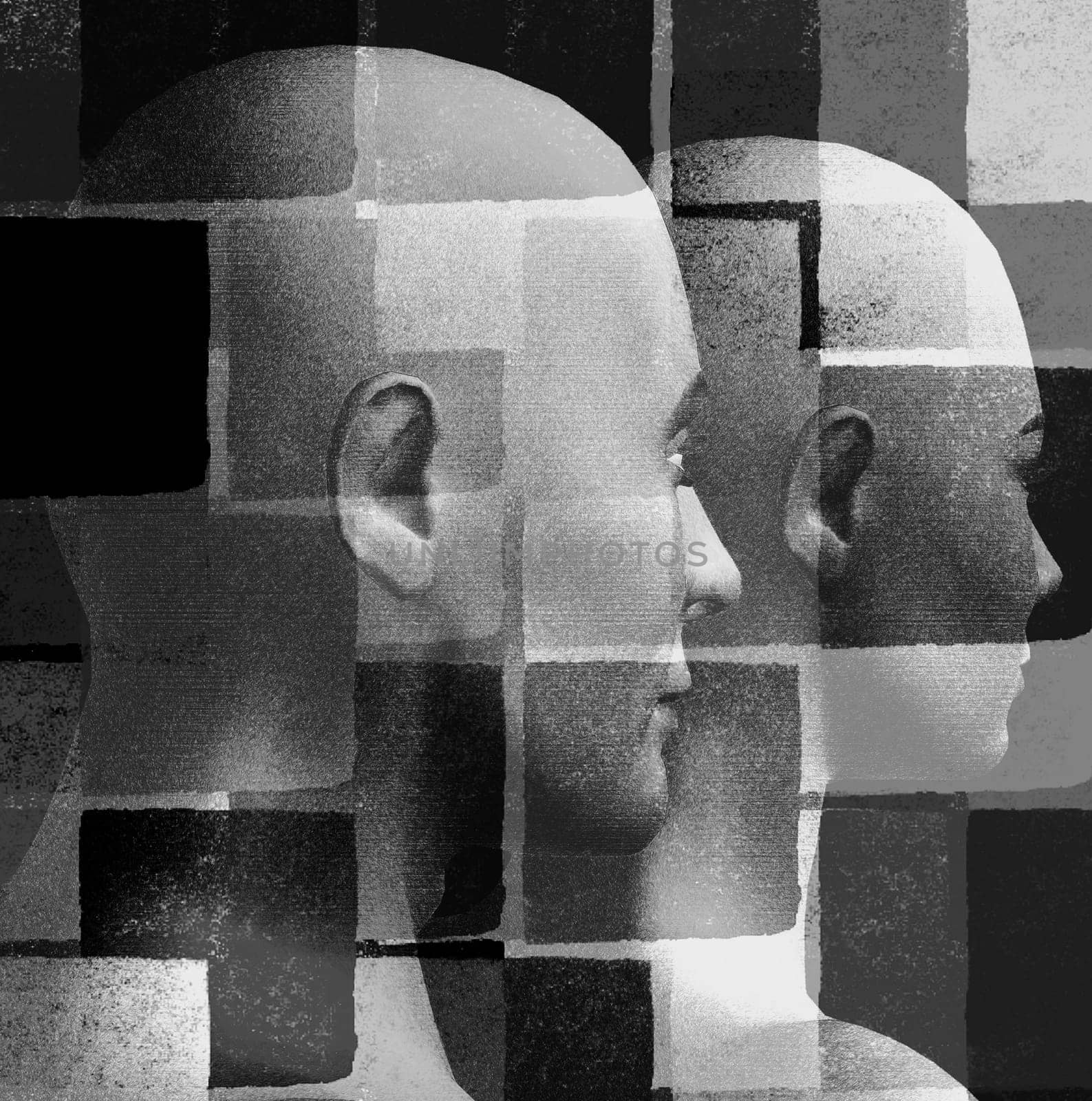Futuristic couple and geometric pattern. 3d black and white illustration.
