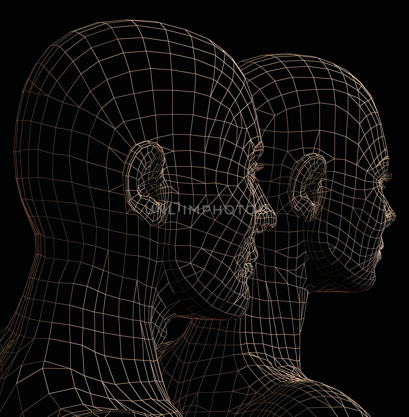 Futuristic couple wire frame silhouette. 3d illustration on black background.