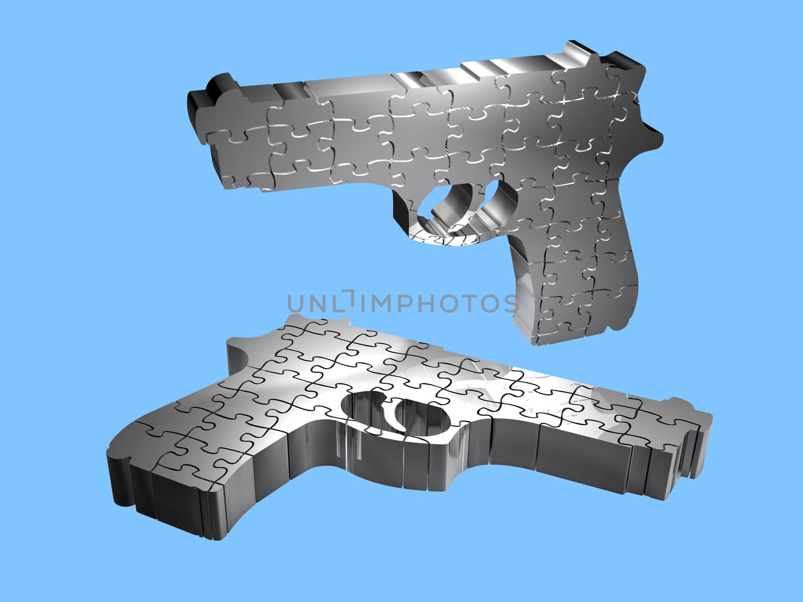 Illustration on the topic of violence - guns - puzzle - 3D Symbolic of weapons are not toys