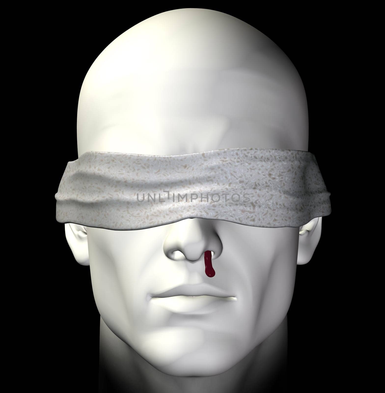 Blindfolded tortured man with bleeding nose. 3d illustration.