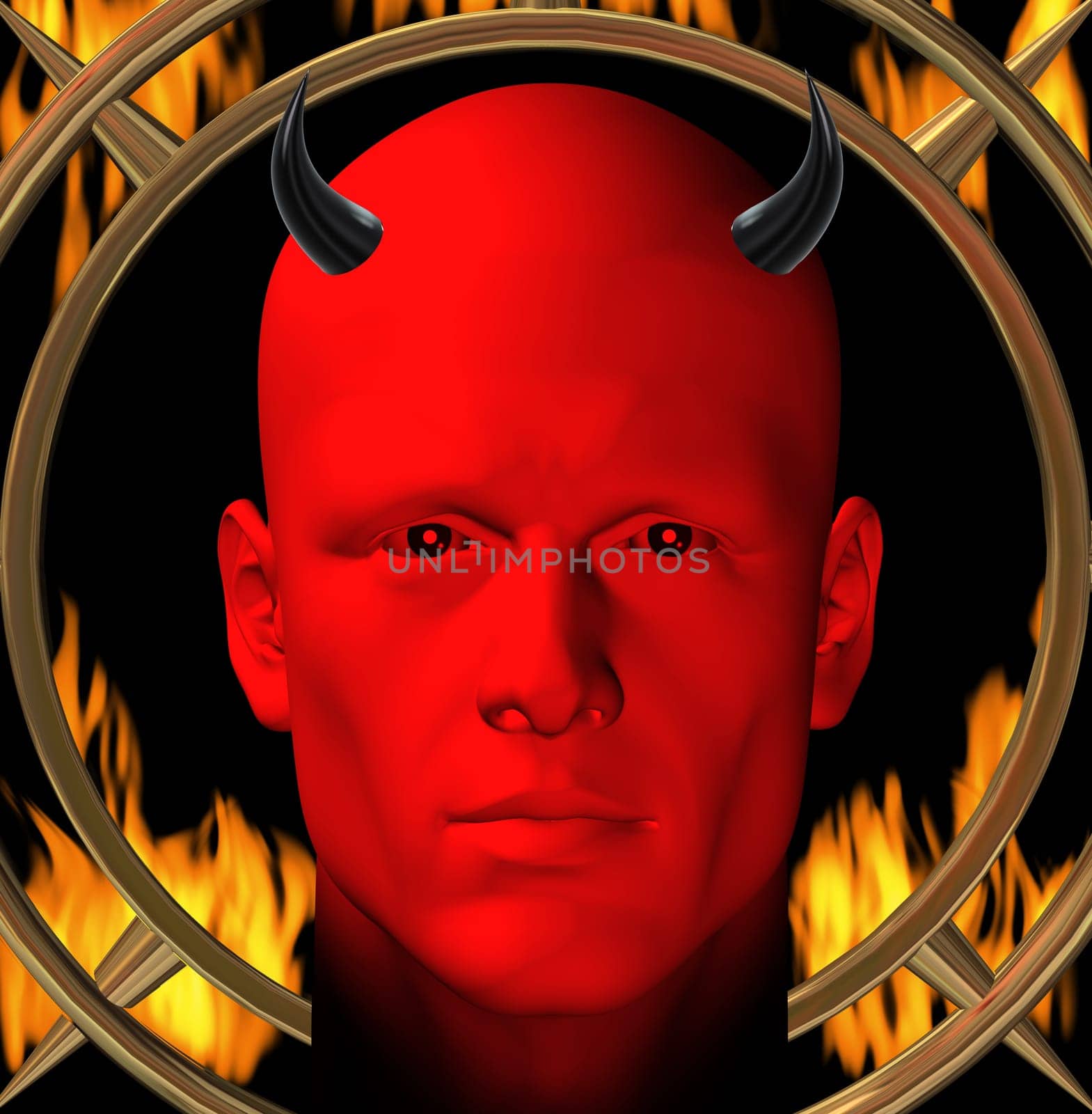 Red devil and hellfire flames. Digital 3d illustration.