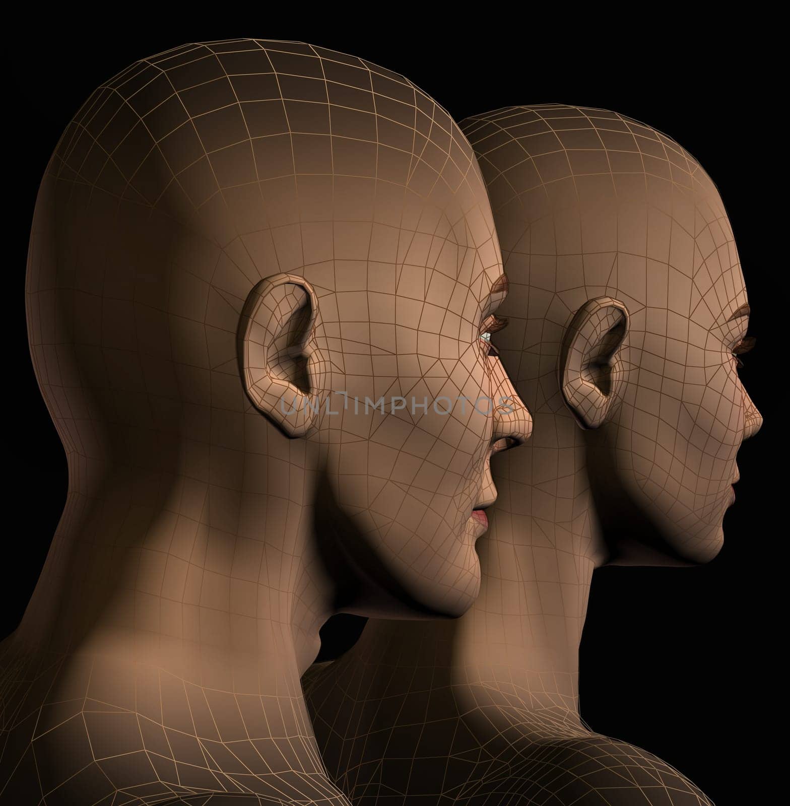 Futuristic human couple wireframe. 3d illustration on black background.