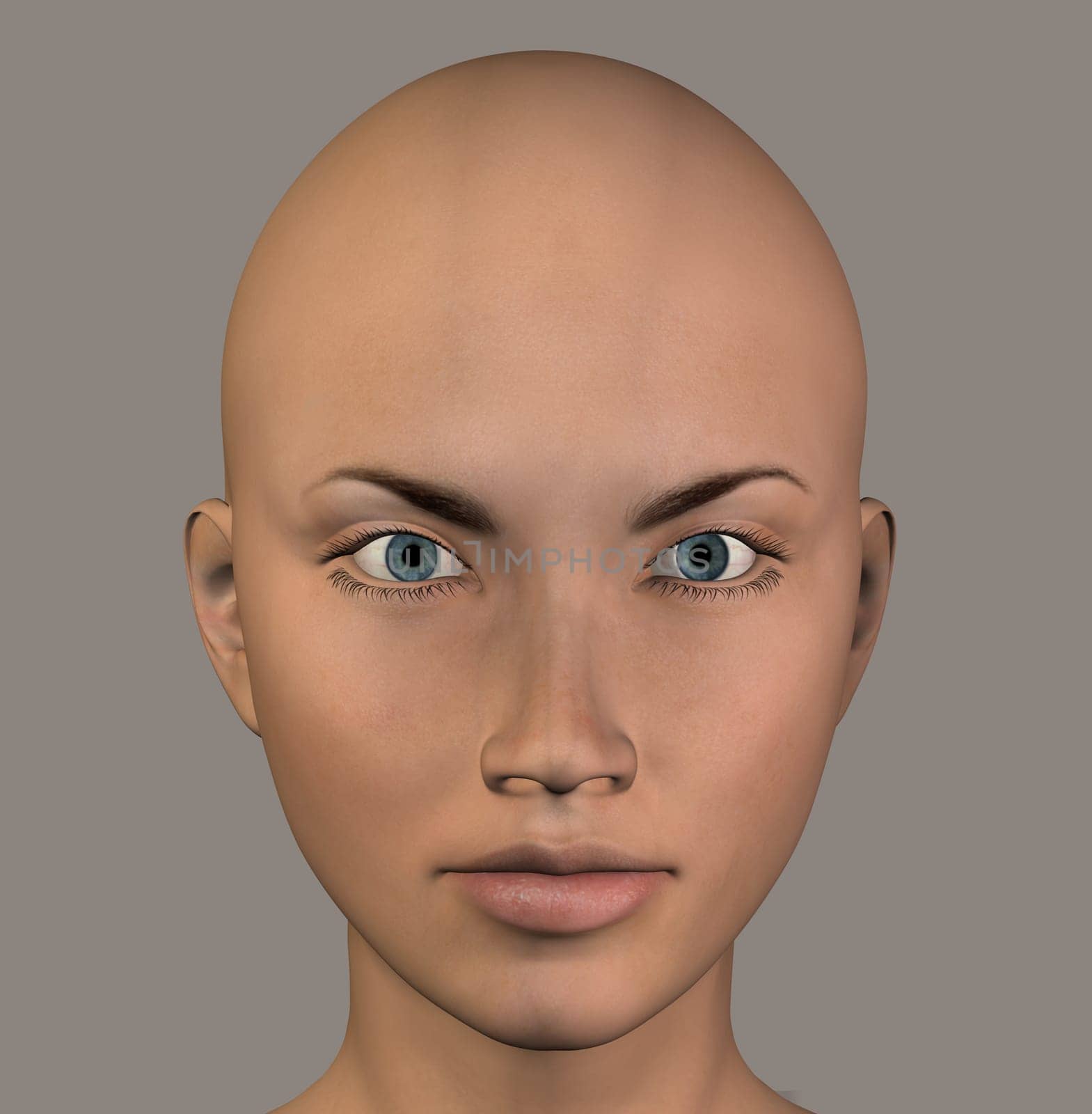 Female figure portrait on gray background. Digitally created 3d illustration.