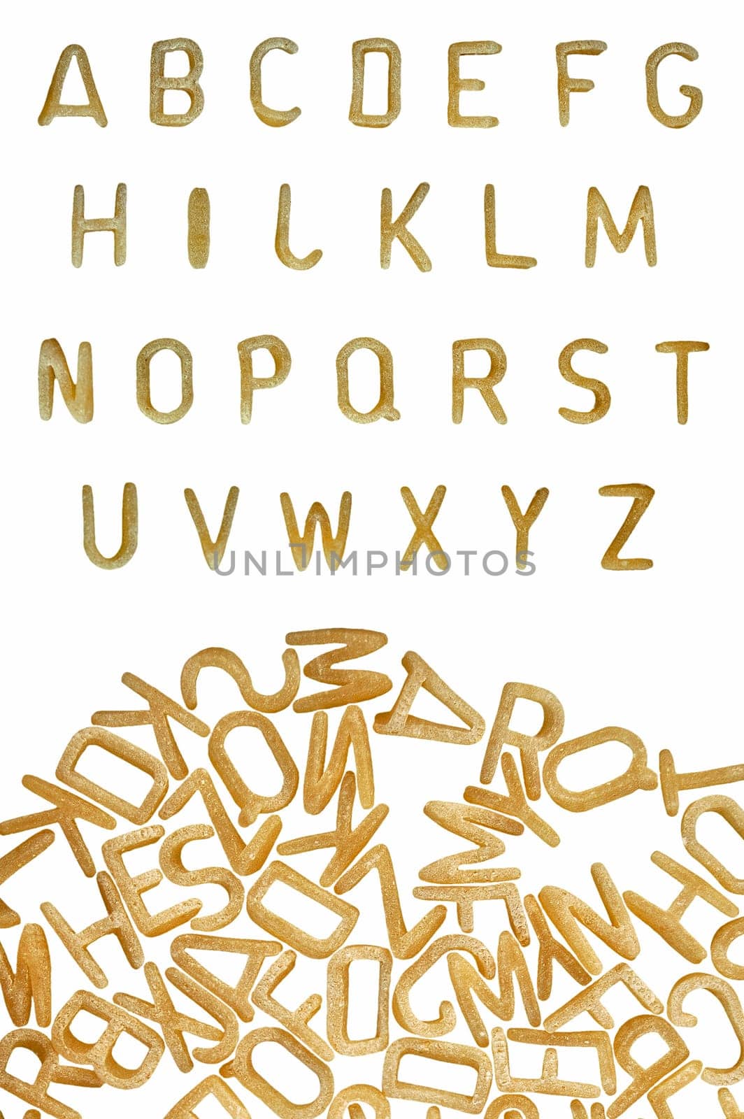 Alphabet soup pasta font design element. Kids food background.