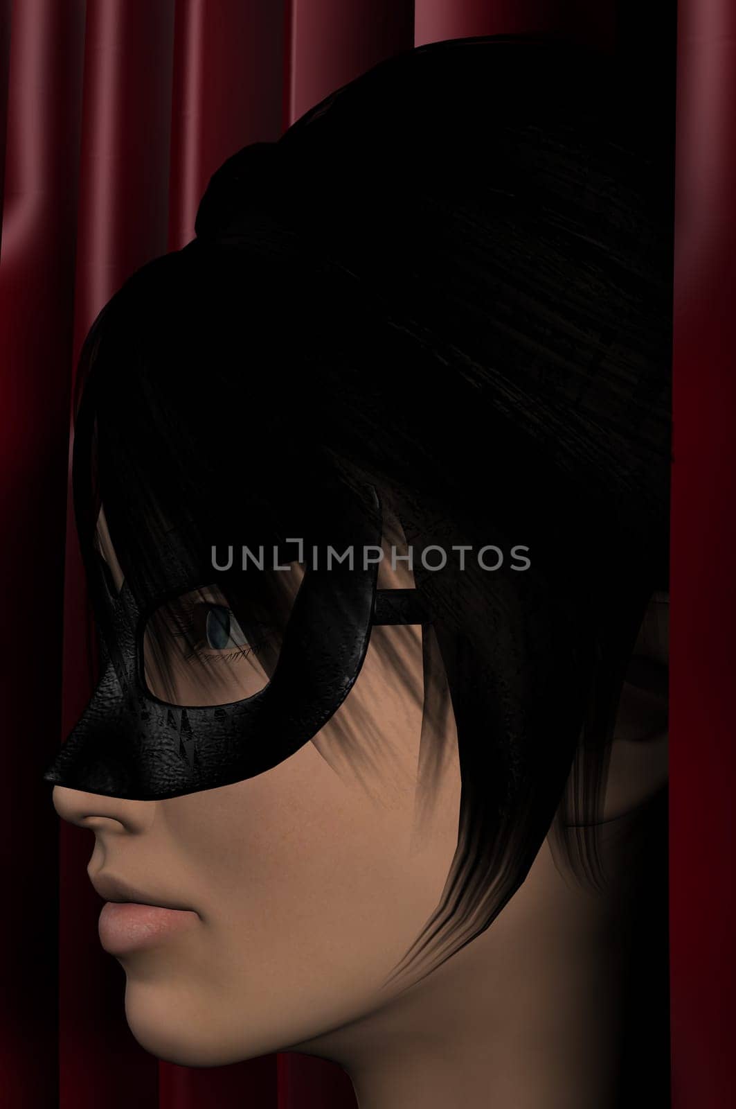 Masked woman and red silk curtains 3d illustration.