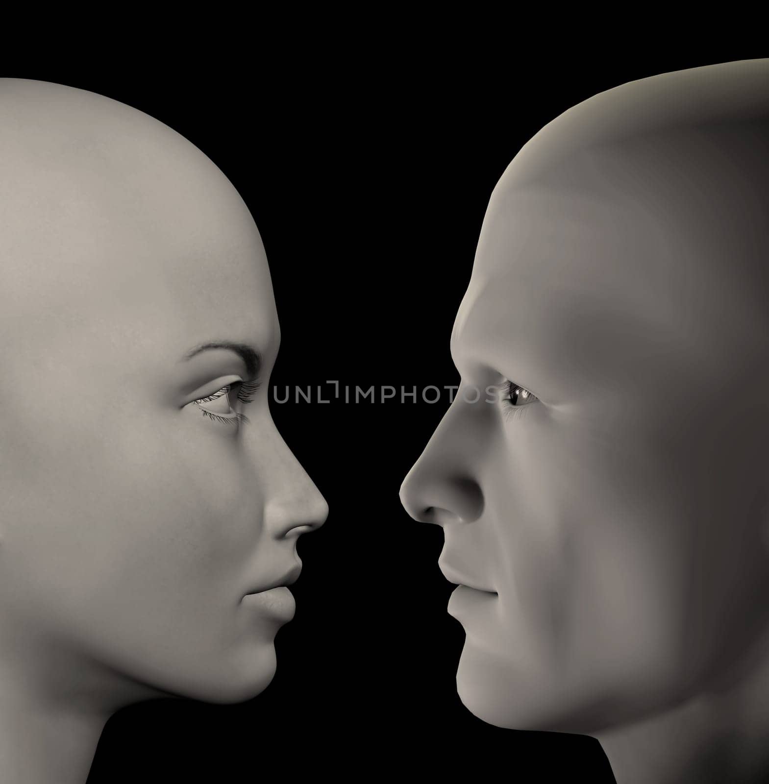 Man and woman facing couple. 3d digitally created illustration.