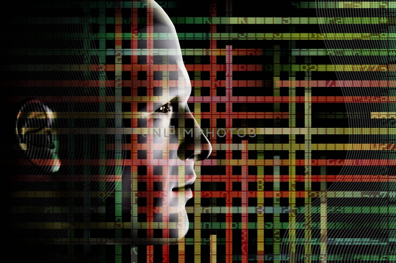 Wired man and computer code. 3d abstract futuristic illustration.